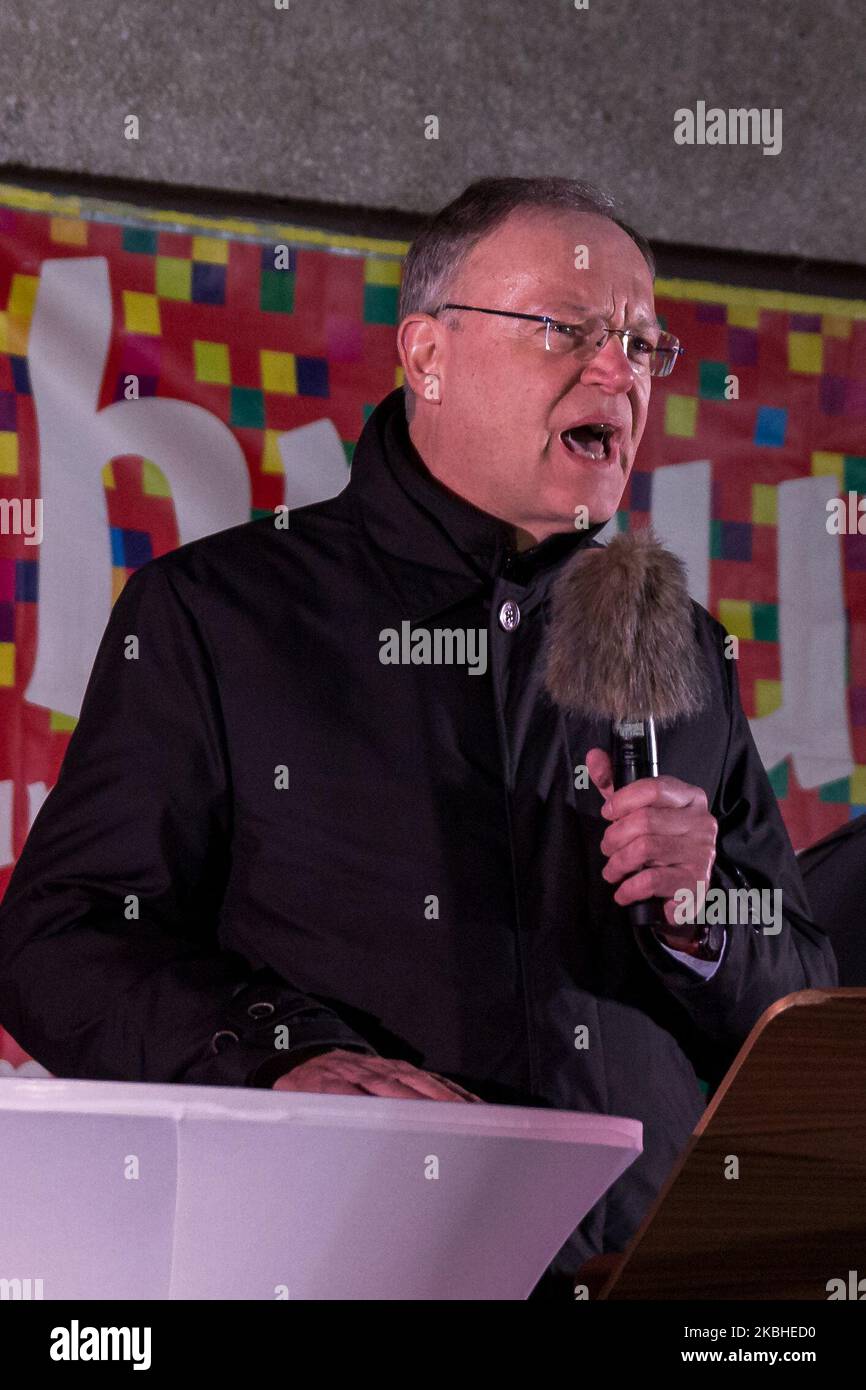 Stephan Weil, Minister President of Lower Saxony speaks at rally under the motto 'Hanover against racism and for diversity'. Around 3,000 people in Hanover set an example against right-wing extremism on 21 February 2020. The local alliance 'Bunt statt Braun', civil society organizations and religious communities had called for 'colourful instead of brown'. Speakers emphatically declared that racism and hate have no place in this society. (Photo by Peter Niedung/NurPhoto) Stock Photo