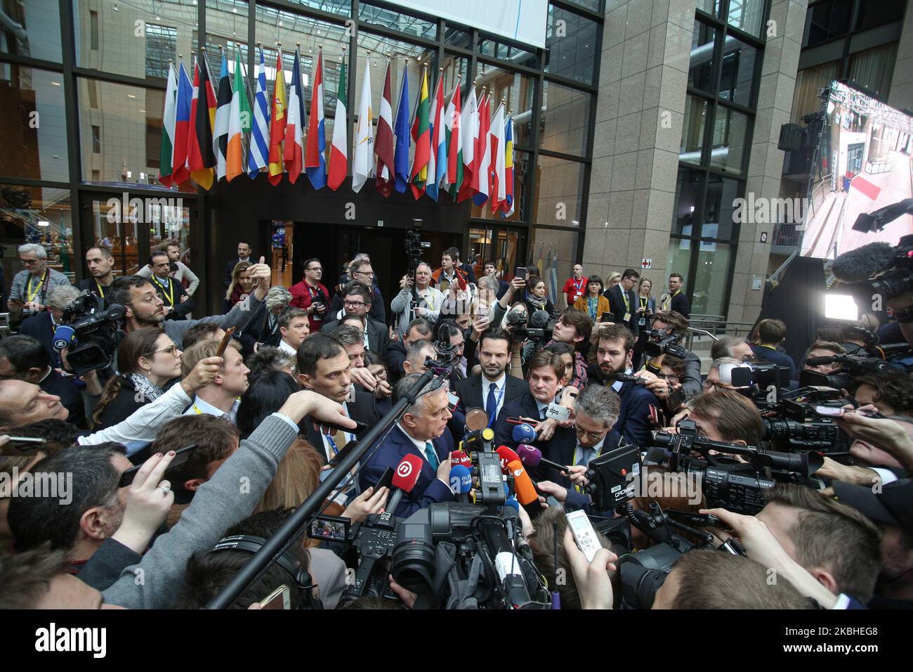 Prime Minister of Hungary Viktor Orban leaves and talks to the media, a doorstep press briefing at the atrium of Justus Lipsius building following a meeting during the second day of a special European Council EUCO, EURO summit, EU leaders in Brussels, Belgium about the future panning of the next long term budget of the European Union EU. February 21, 2020 (Photo by Nicolas Economou/NurPhoto) Stock Photo