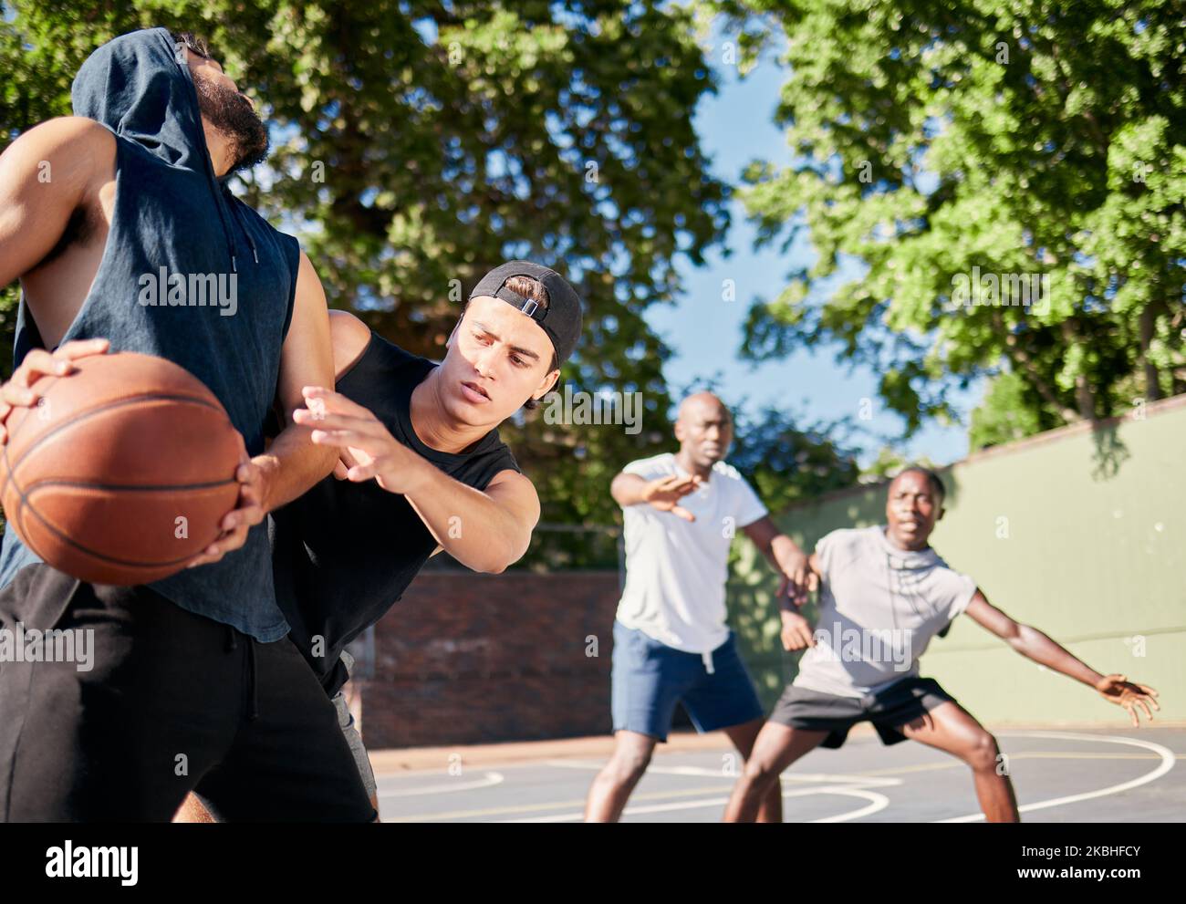 Basketball, friends and teammates on basketball court training for team