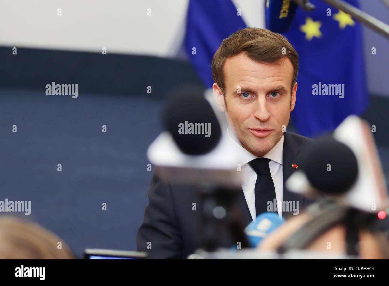 Emmanuel Macron President of France has a doorstep media briefing, press statement and talks with journalists after the end of the second day of intense negotiations on the EU long term budget for 2021-2027 at a special European Council EUCO, EURO summit, EU leaders meeting in Brussels, Belgium. February 21, 2020 (Photo by Nicolas Economou/NurPhoto) Stock Photo