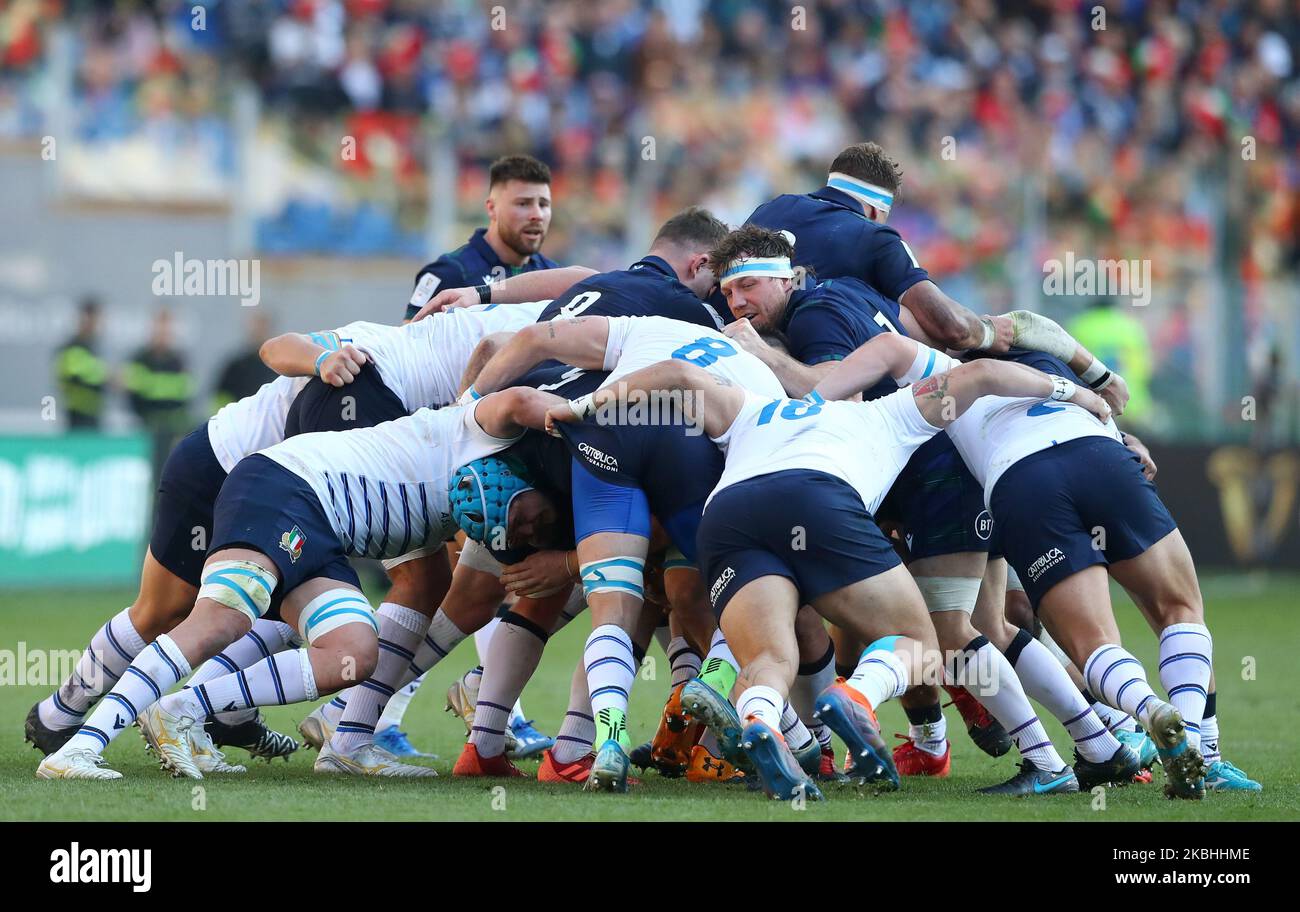 The two teams after a scrum during the rugby Guinness 6 Nations match Italy v Scotland at the Olimpico Stadium in Rome, Italy on February 22 , 2020 Photo Matteo Ciambelli / NurPhoto (Photo by Matteo Ciambelli/NurPhoto) Stock Photo
