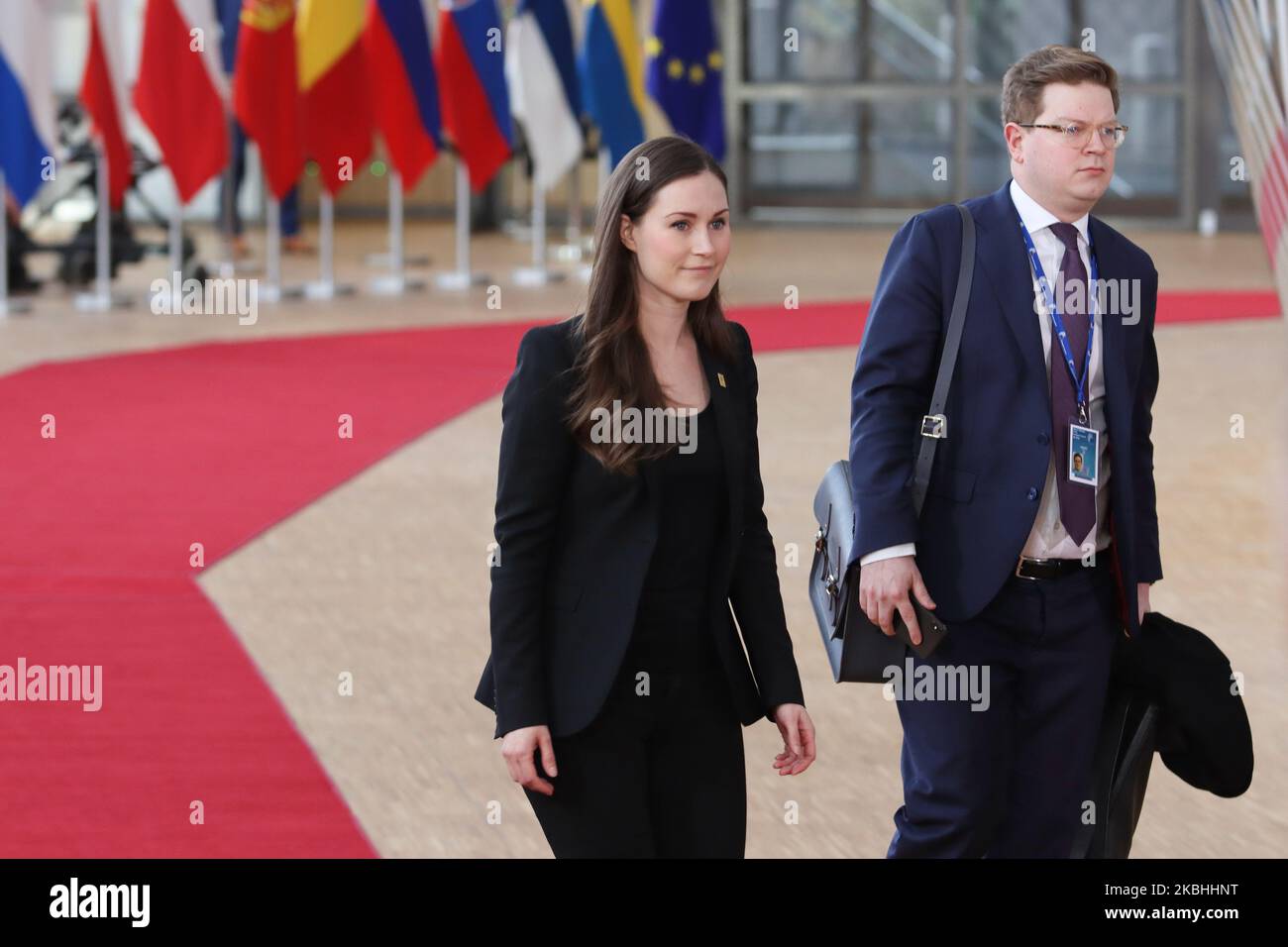 Prime Minister of Finland Sanna Marin as seen arriving on the red carpet with EU flags at forum Europa building. The Finnish PM Sanna Mirella Marin, the youngest female PM in the world, is having a doorstep press and media briefing during the second day of the special European Council, EURO leaders summit - meeting about for the negotiations of the future planning of the next long term budget, financial framework of the European Union for 2021-2027. Brussels, Belgium, February 21, 2020 (Photo by Nicolas Economou/NurPhoto) Stock Photo