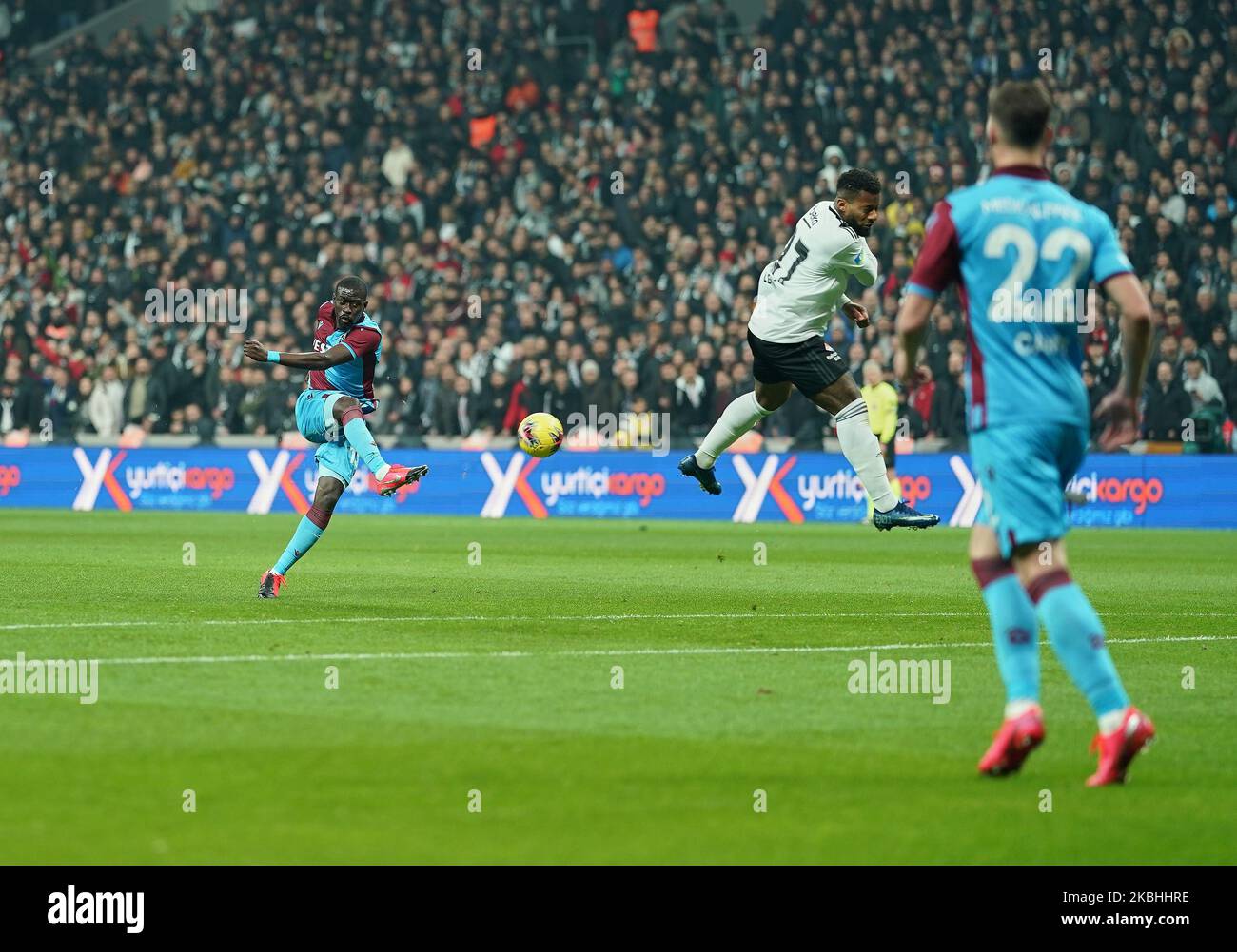 Badou Ndiaye of Trabzonspor shooting on goal during Besiktas against Trabzonspor on Vodafone Park, Istanbul, Turkey on February 22, 2020. (Photo by Ulrik Pedersen/NurPhoto) Stock Photo