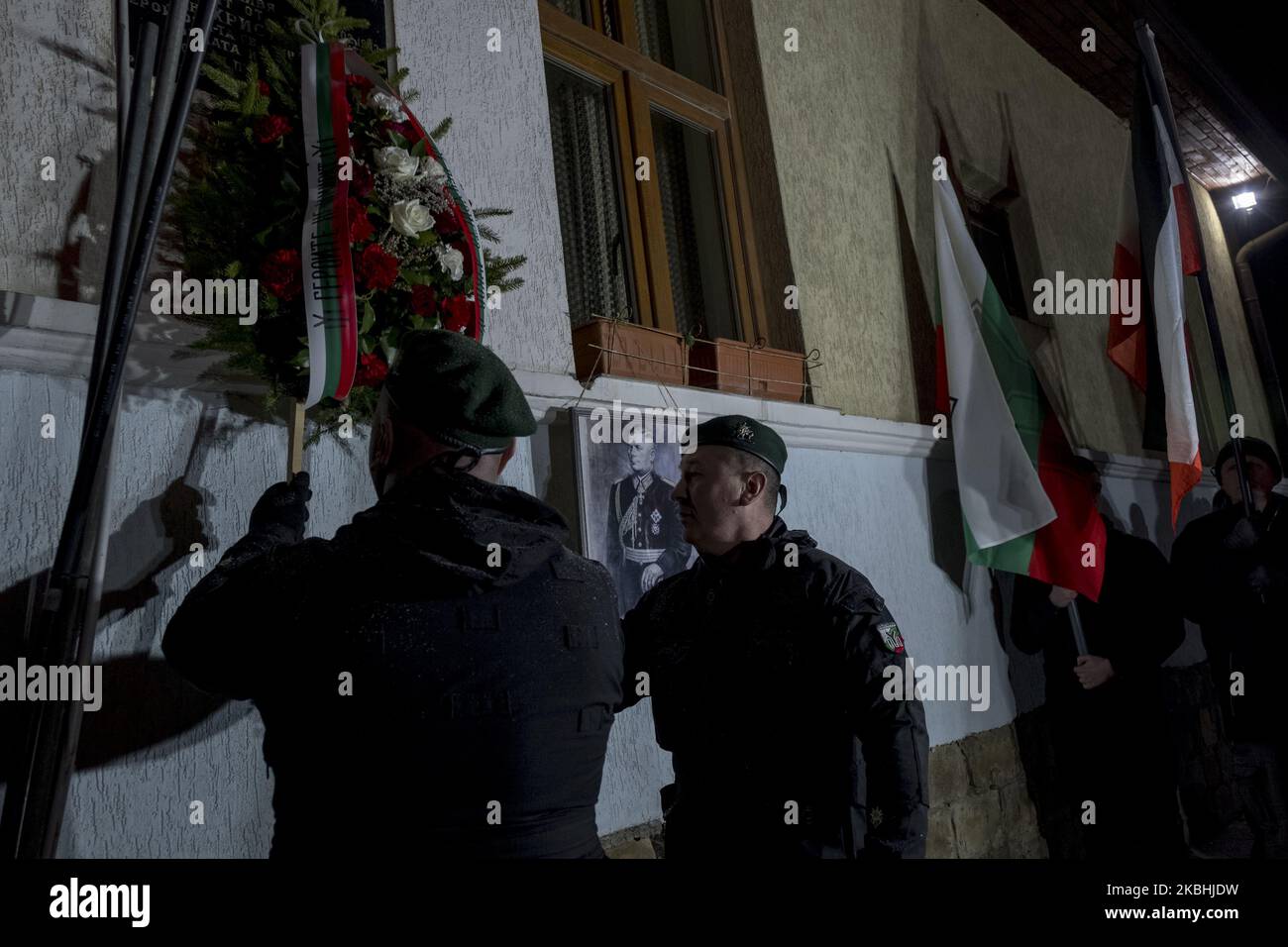 Nationalists honor Nazi-era general Hristo Lukov as they gather in front of his house, making speeches and leaving flowers. An annual Lukov March has been held every February since 2003. This year the march was banned by court order. The group which included participants from France, Germany and Hungary, was forced to scale back it's annual celebration in Sofia on February 22, 2020. (Photo by Jodi Hilton/NurPhoto) Stock Photo