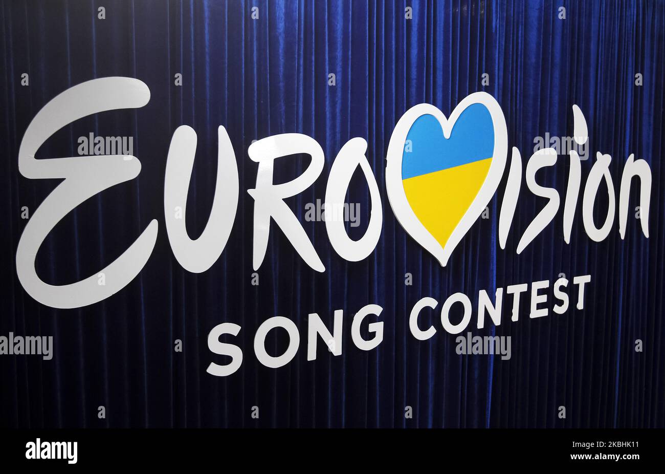 Eurovision Song Contest logo is seen during the 2020 Eurovision Song Contest (ESC) national selection show, broadcasted by STB and UA:Pershyi TV channels, in Kyiv, Ukraine, on 22 February, 2020. Ukrainian band Go A with song Solovey will represent Ukraine at the Eurovision Song Contest (ESC) that consists of two semi-finals, to be held on 12 and 14 May, and a grand final taking place at the Rotterdam Ahoy in Rotterdam, Netherlands, on 16 May 2020. (Photo by STR/NurPhoto) Stock Photo