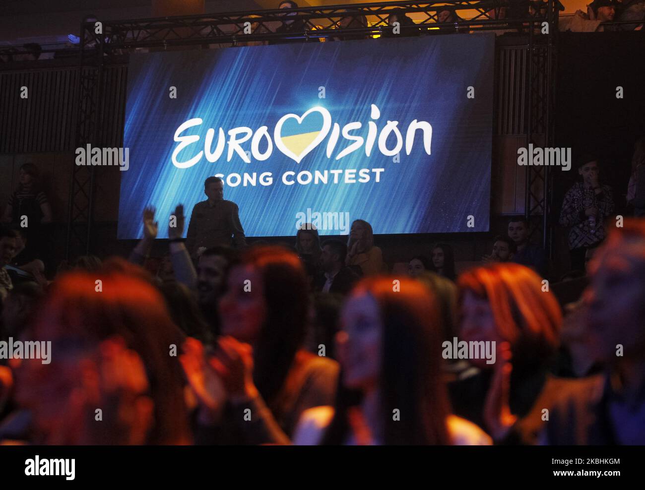 Viewers watch the 2020 Eurovision Song Contest (ESC) national selection show, broadcasted by STB and UA:Pershyi TV channels, in Kyiv, Ukraine, on 22 February, 2020. Ukrainian band Go A with song Solovey will represent Ukraine at the Eurovision Song Contest (ESC) that consists of two semi-finals, to be held on 12 and 14 May, and a grand final taking place at the Rotterdam Ahoy in Rotterdam, Netherlands, on 16 May 2020. (Photo by STR/NurPhoto) Stock Photo