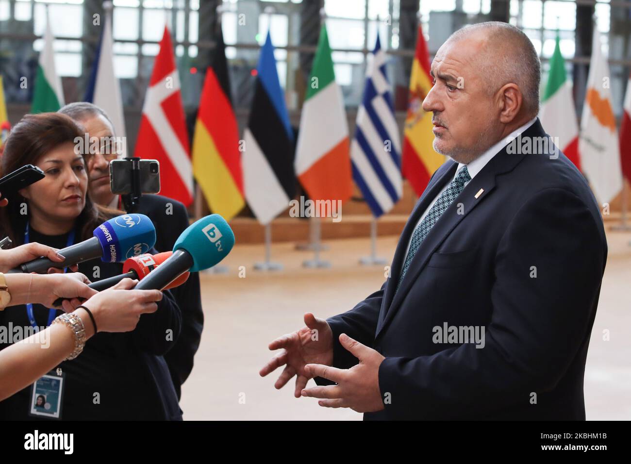 Prime Minister of Bulgaria Boyko Metodiev Borissov as seen arriving on the red carpet with EU flags at forum Europa building. The Bulgarian PM Boyko Borisv is having a doorstep press and media briefing during the second day of the special European Council, EURO leaders summit - meeting about for the negotiations of the future planning of the next long term budget, financial framework of the European Union for 2021-2027. Brussels, Belgium, February 21, 2020 (Photo by Nicolas Economou/NurPhoto) Stock Photo