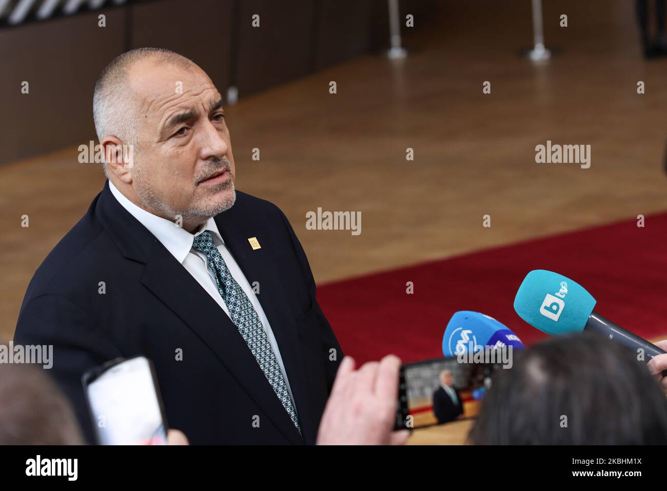 Prime Minister of Bulgaria Boyko Metodiev Borissov as seen arriving on the red carpet with EU flags at forum Europa building. The Bulgarian PM Boyko Borisv is having a doorstep press and media briefing during the second day of the special European Council, EURO leaders summit - meeting about for the negotiations of the future planning of the next long term budget, financial framework of the European Union for 2021-2027. Brussels, Belgium, February 21, 2020 (Photo by Nicolas Economou/NurPhoto) Stock Photo