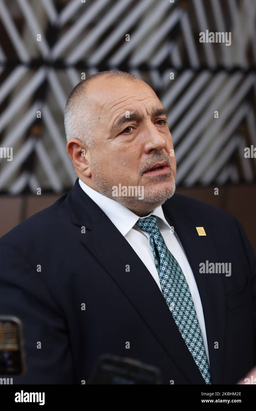 Prime Minister of Bulgaria Boyko Metodiev Borissov as seen arriving on the red carpet with EU flags at forum Europa building. The Bulgarian PM Boyko Borisv is having a doorstep press and media briefing during the second day of the special European Council, EURO leaders summit - meeting about for the negotiations of the future planning of the next long term budget, financial framework of the European Union for 2021-2027. Brussels, Belgium, February 21, 2020 (Photo by Nicolas Economou/NurPhoto) Stock Photo