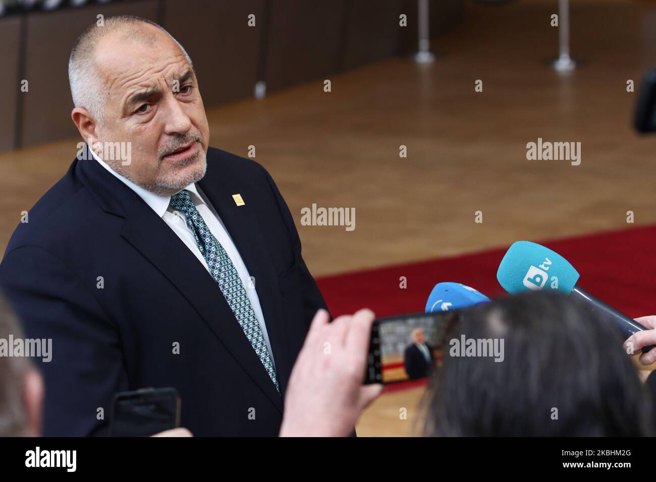 Prime Minister of Bulgaria Boyko Metodiev Borissov as seen arriving on the red carpet with EU flags at forum Europa building. The Bulgarian PM Boyko Borisv is having a doorstep press and media briefing during the second day of the special European Council, EURO leaders summit - meeting about for the negotiations of the future planning of the next long term budget, financial framework of the European Union for 2021-2027. Brussels, Belgium, February 21, 2020 (Photo by Nicolas Economou/NurPhoto) Stock Photo