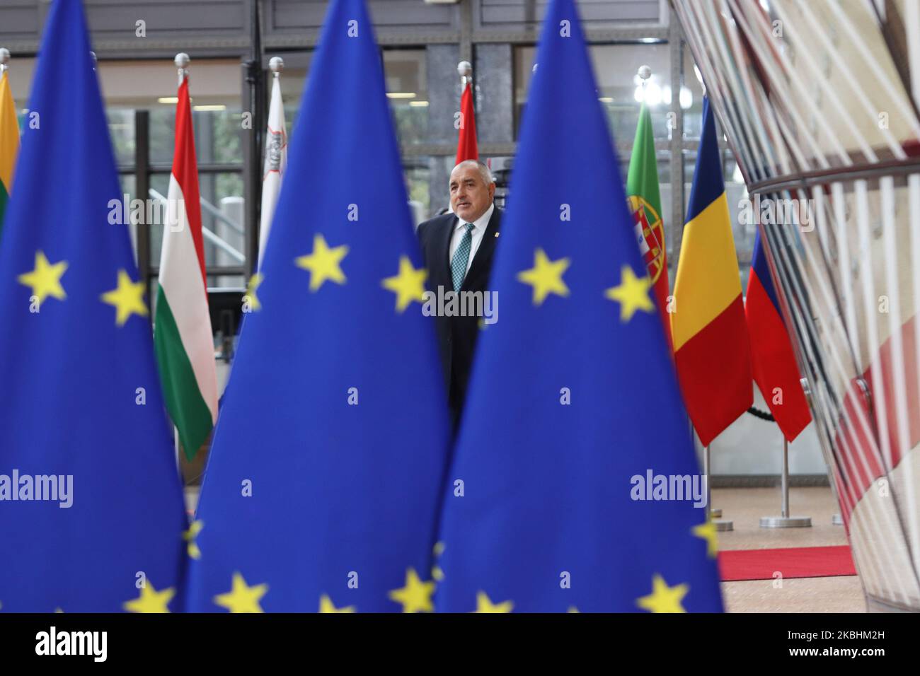 Prime Minister of Bulgaria Boyko Metodiev Borissov as seen arriving on the red carpet with EU flags at forum Europa building. The Bulgarian PM Boyko Borisv is having a doorstep press and media briefing during the second day of the special European Council, EURO leaders summit - meeting about for the negotiations of the future planning of the next long term budget, financial framework of the European Union for 2021-2027. Brussels, Belgium, February 21, 2020 (Photo by Nicolas Economou/NurPhoto) Stock Photo