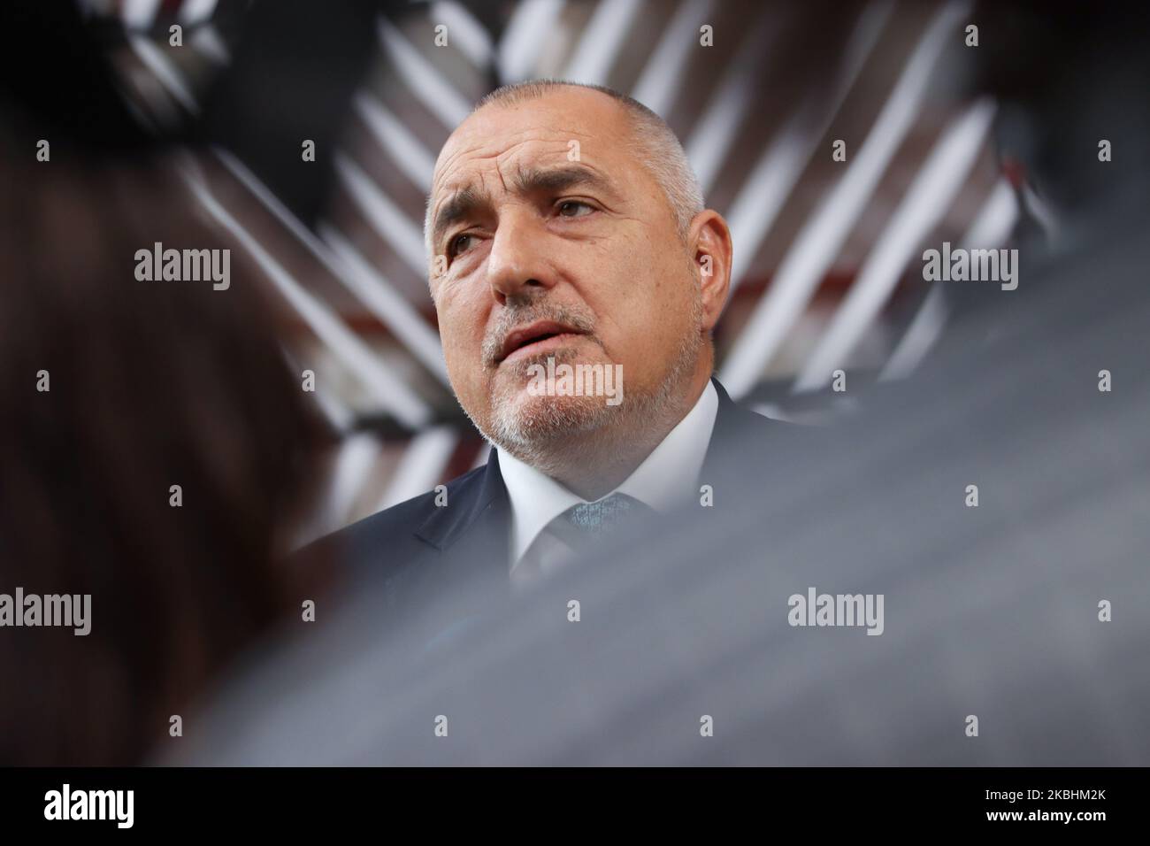 Prime Minister of Bulgaria Boyko Metodiev Borissov as seen arriving on the red carpet with EU flags at forum Europa building. The Bulgarian PM Boyko Borisv is having a doorstep press and media briefing during the second day of the special European Council, EURO leaders summit - meeting about for the negotiations of the future planning of the next long term budget, financial framework of the European Union for 2021-2027. Brussels, Belgium, February 21, 2020 (Photo by Nicolas Economou/NurPhoto) Stock Photo