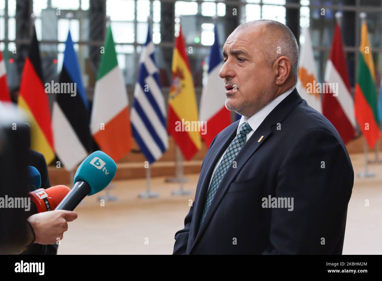 Prime Minister of Bulgaria Boyko Metodiev Borissov as seen arriving on the red carpet with EU flags at forum Europa building. The Bulgarian PM Boyko Borisv is having a doorstep press and media briefing during the second day of the special European Council, EURO leaders summit - meeting about for the negotiations of the future planning of the next long term budget, financial framework of the European Union for 2021-2027. Brussels, Belgium, February 21, 2020 (Photo by Nicolas Economou/NurPhoto) Stock Photo