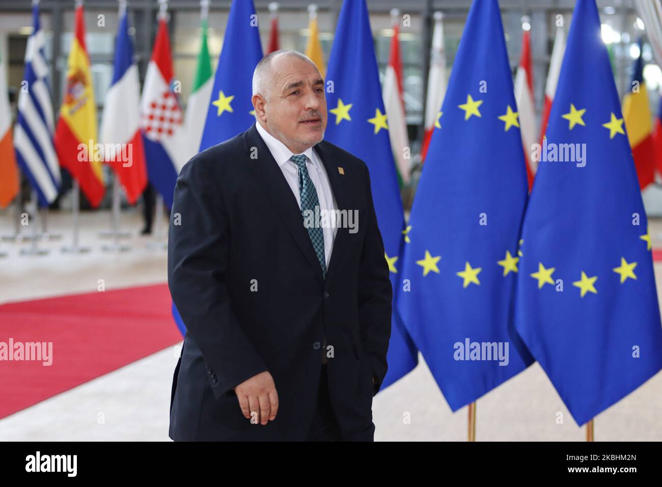 Prime Minister of Bulgaria Boyko Metodiev Borissov as seen arriving on the red carpet with EU flags at forum Europa building. The Bulgarian PM Boyko Borisv is having a doorstep press and media briefing during the second day of the special European Council, EURO leaders summit - meeting about for the negotiations of the future planning of the next long term budget, financial framework of the European Union for 2021-2027. Brussels, Belgium, February 21, 2020 (Photo by Nicolas Economou/NurPhoto) Stock Photo