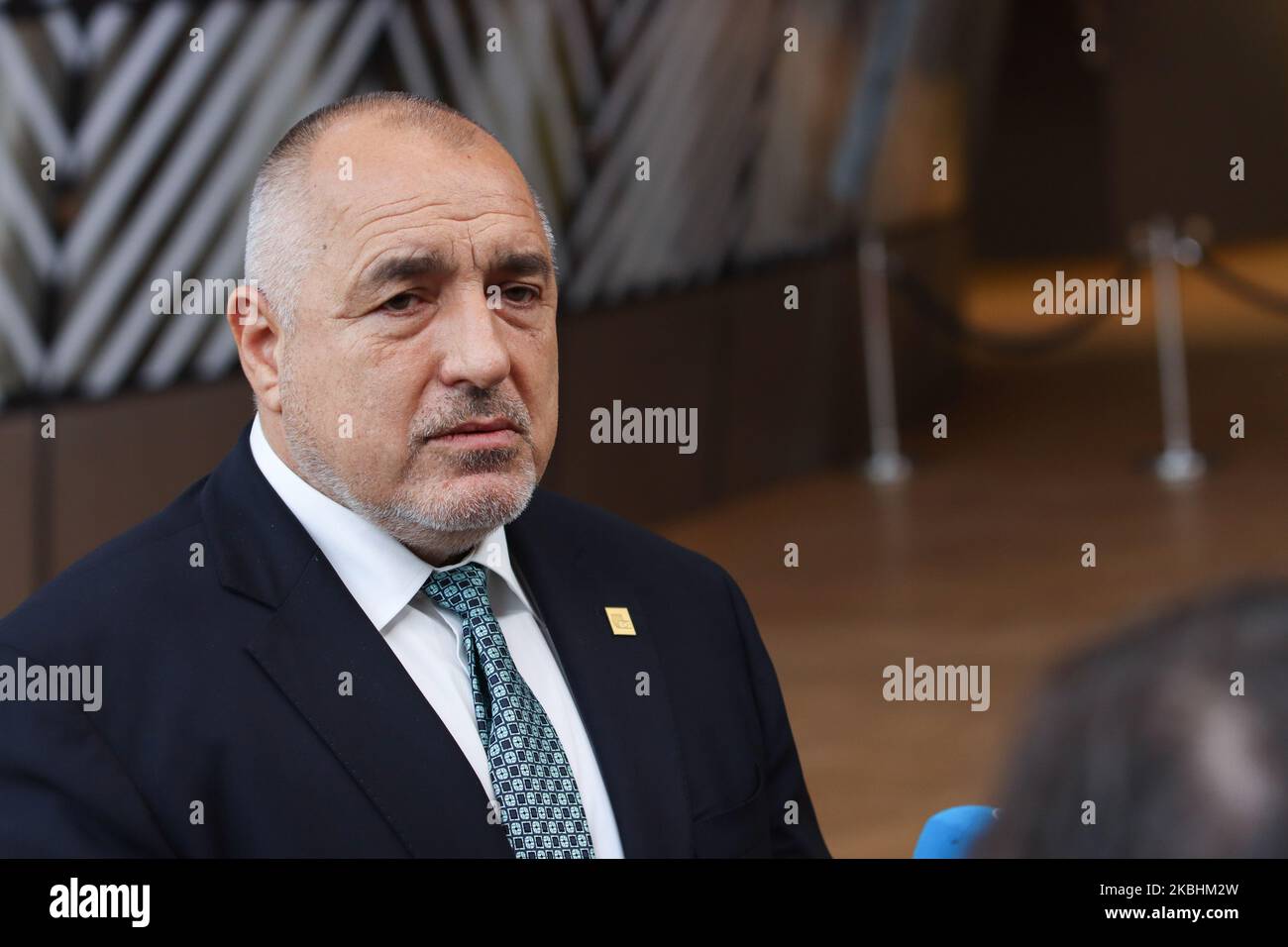 Prime Minister of Bulgaria Boyko Metodiev Borissov as seen arriving on the red carpet with EU flags at forum Europa building. The Bulgarian PM Boyko Borisv is having a doorstep press and media briefing during the second day of the special European Council, EURO leaders summit - meeting about for the negotiations of the future planning of the next long term budget, financial framework of the European Union for 2021-2027. Brussels, Belgium, February 21, 2020 (Photo by Nicolas Economou/NurPhoto) Stock Photo