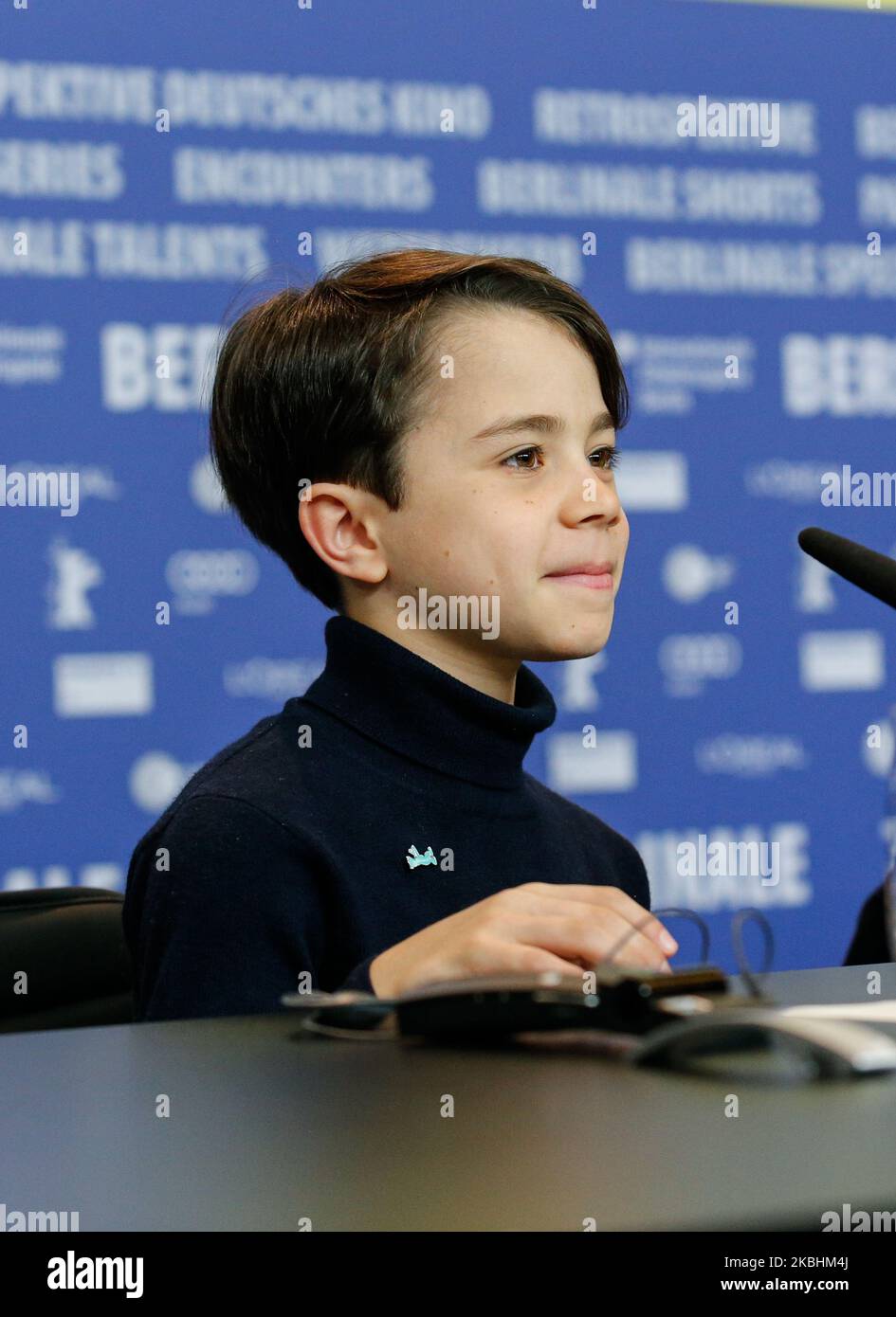Actor Federico Ielapi attends 'Pinocchio' press conference during 70th Berlinale International Film Festival in Grand Hyatt in Berlin, Germany on February 23, 2020.' (Photo by Dominika Zarzycka/NurPhoto) Stock Photo