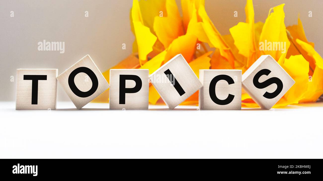 TOPICS text written with wooden cubes on white background Stock Photo