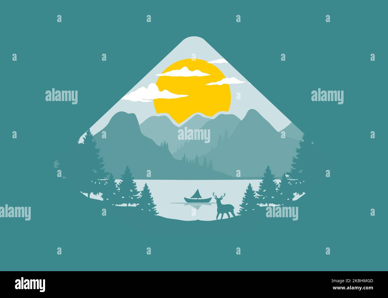 Landscape of the mountain view behind the lake with many pine trees and a deer illustration Stock Vector