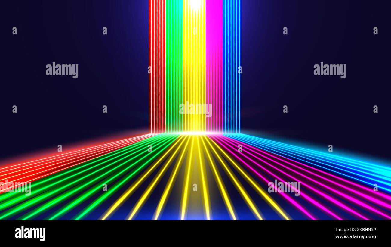 Abstract glowing neon colors lighting lines perspective on dark blue