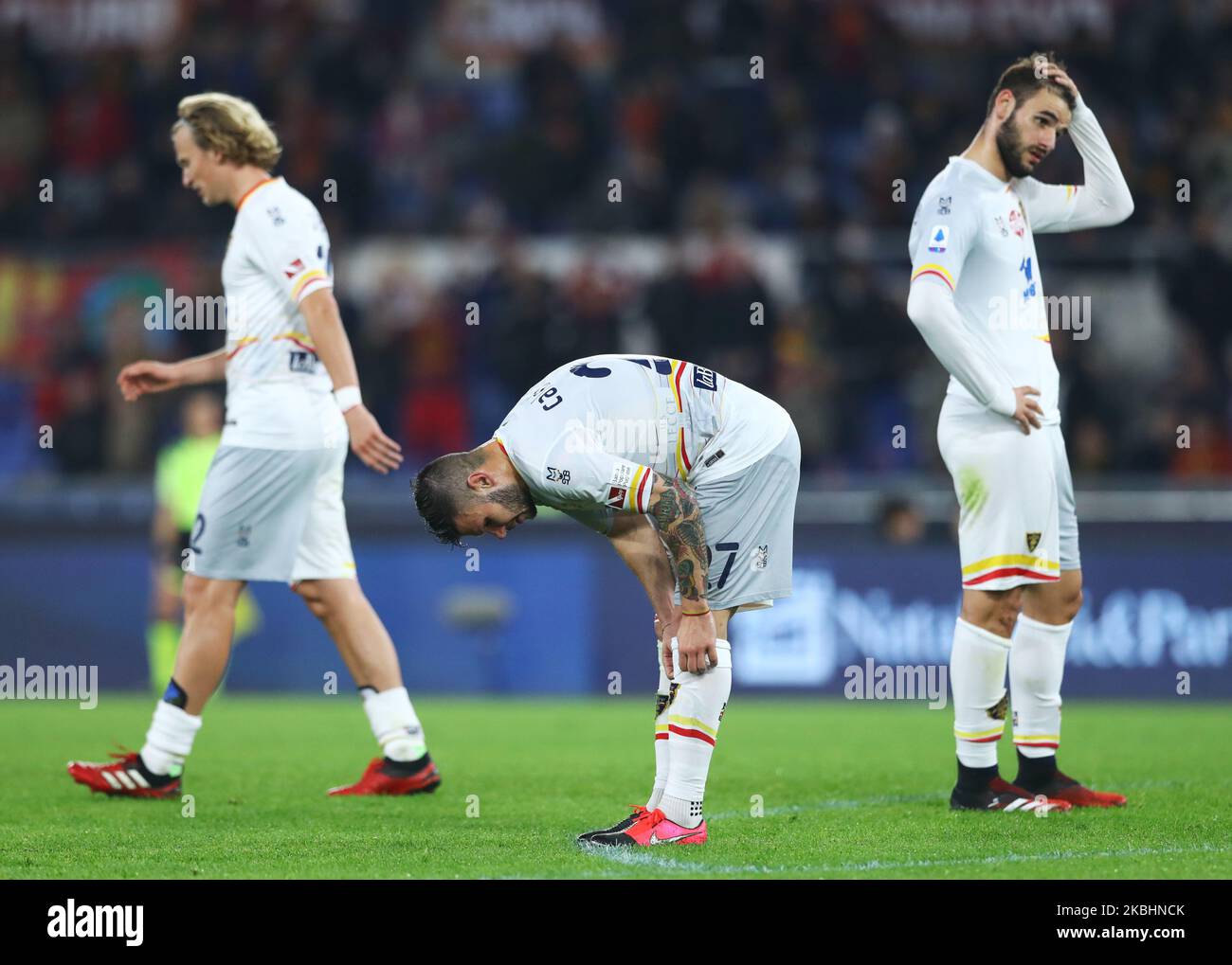 Dejection of Antonin Barak, Marco Calderoni and Panagiotis Tachtsidis of Lecce during the football Serie A match AS Roma v US Lecce at the Olimpico Stadium in Rome, Italy on February 23, 2020 (Photo by Matteo Ciambelli/NurPhoto) Stock Photo