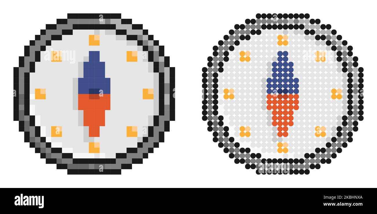 Pixel icon. Compass with arrow and scale. Travel, device for ...