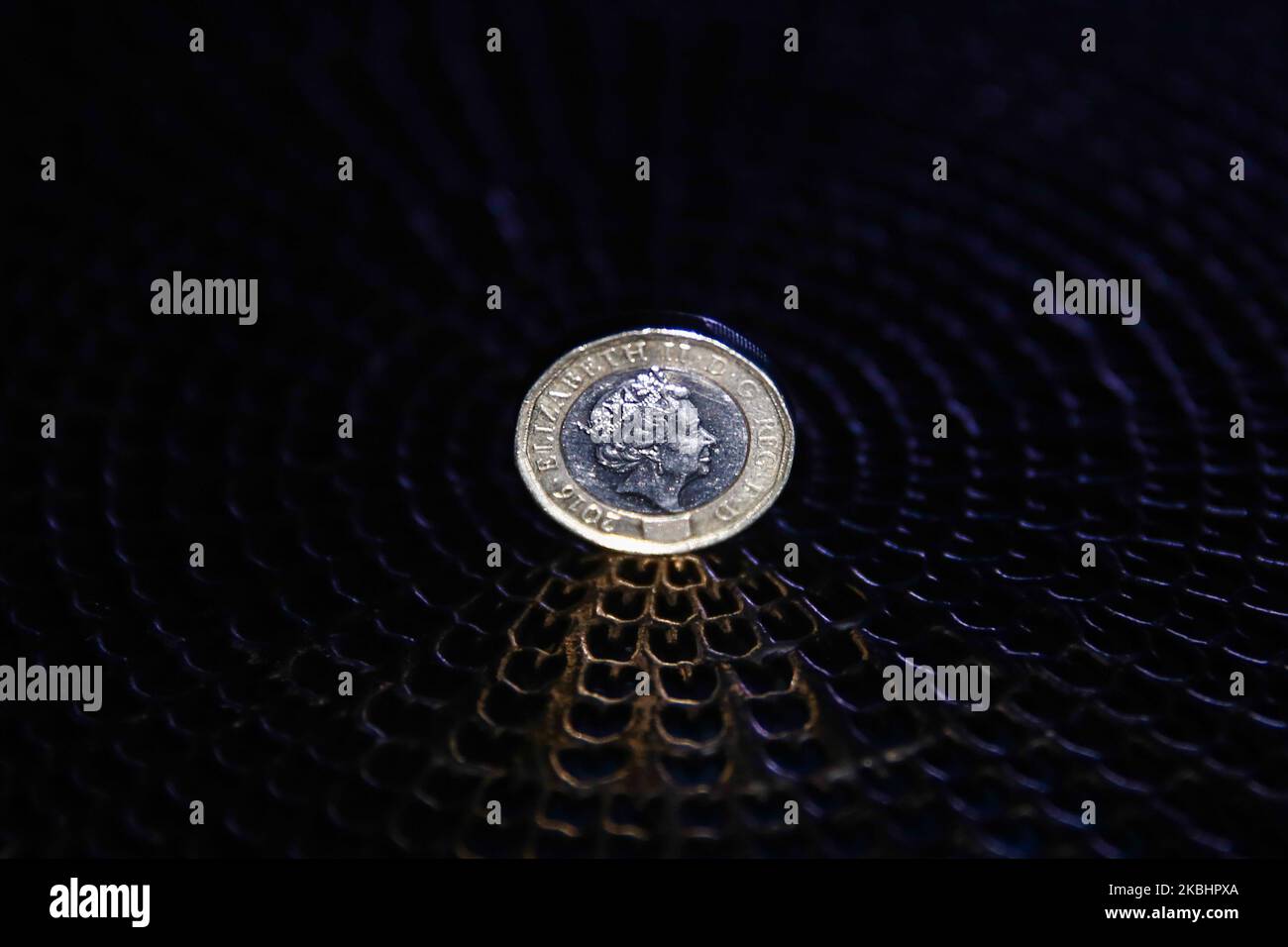 British Pound coin is seen in this illustration photo taken in Poland on February 24, 2020. (Photo by Jakub Porzycki/NurPhoto) Stock Photo