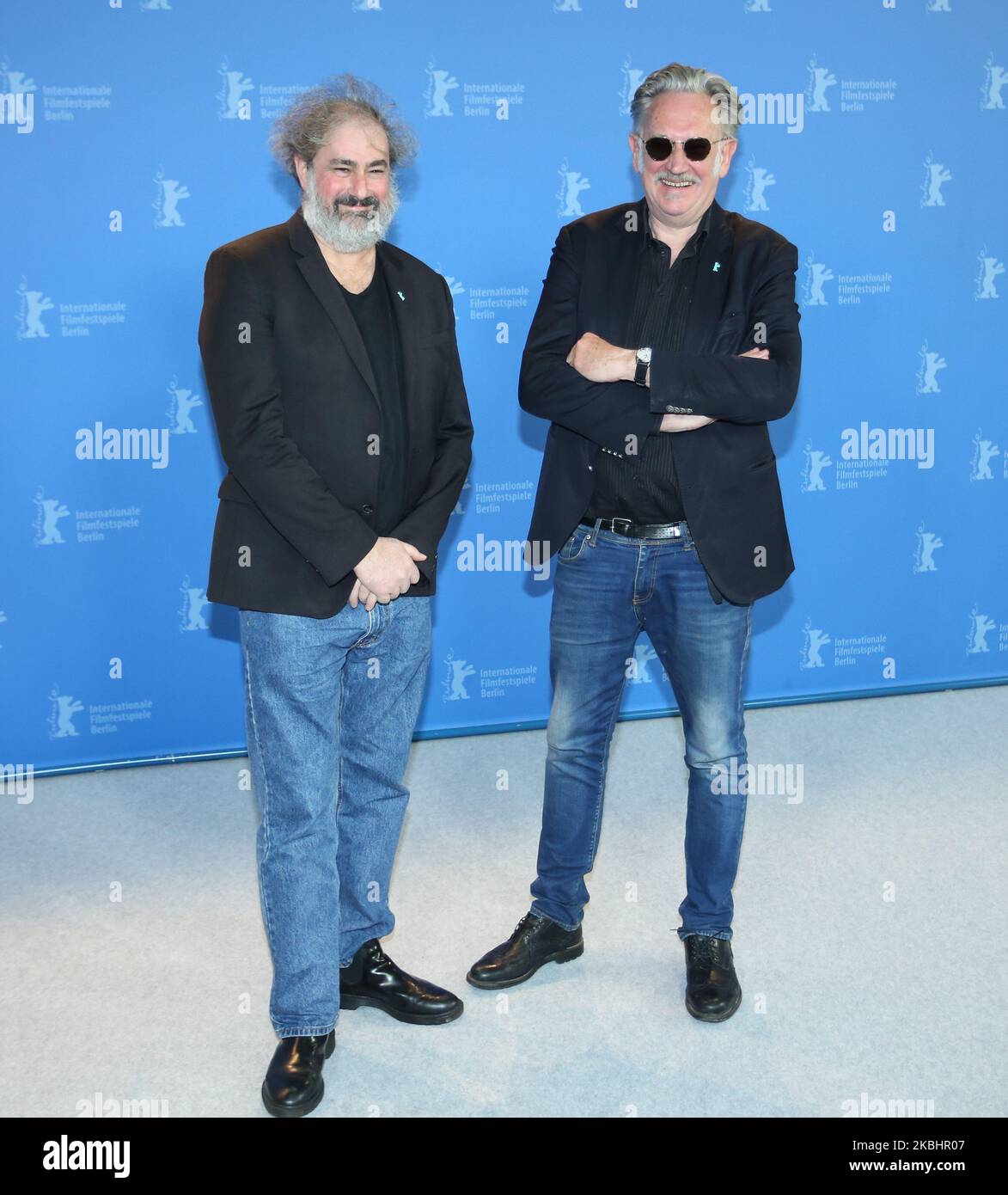 French directors Gustave Kervern and Benoit Delepine pose at the ''Delete History' (Effacer L'historique) photo call during 70th Berlinale International Film Festival in Grand Hyatt in Berlin, Germany on February 24, 2020. (Photo by Dominika Zarzycka/NurPhoto) Stock Photo