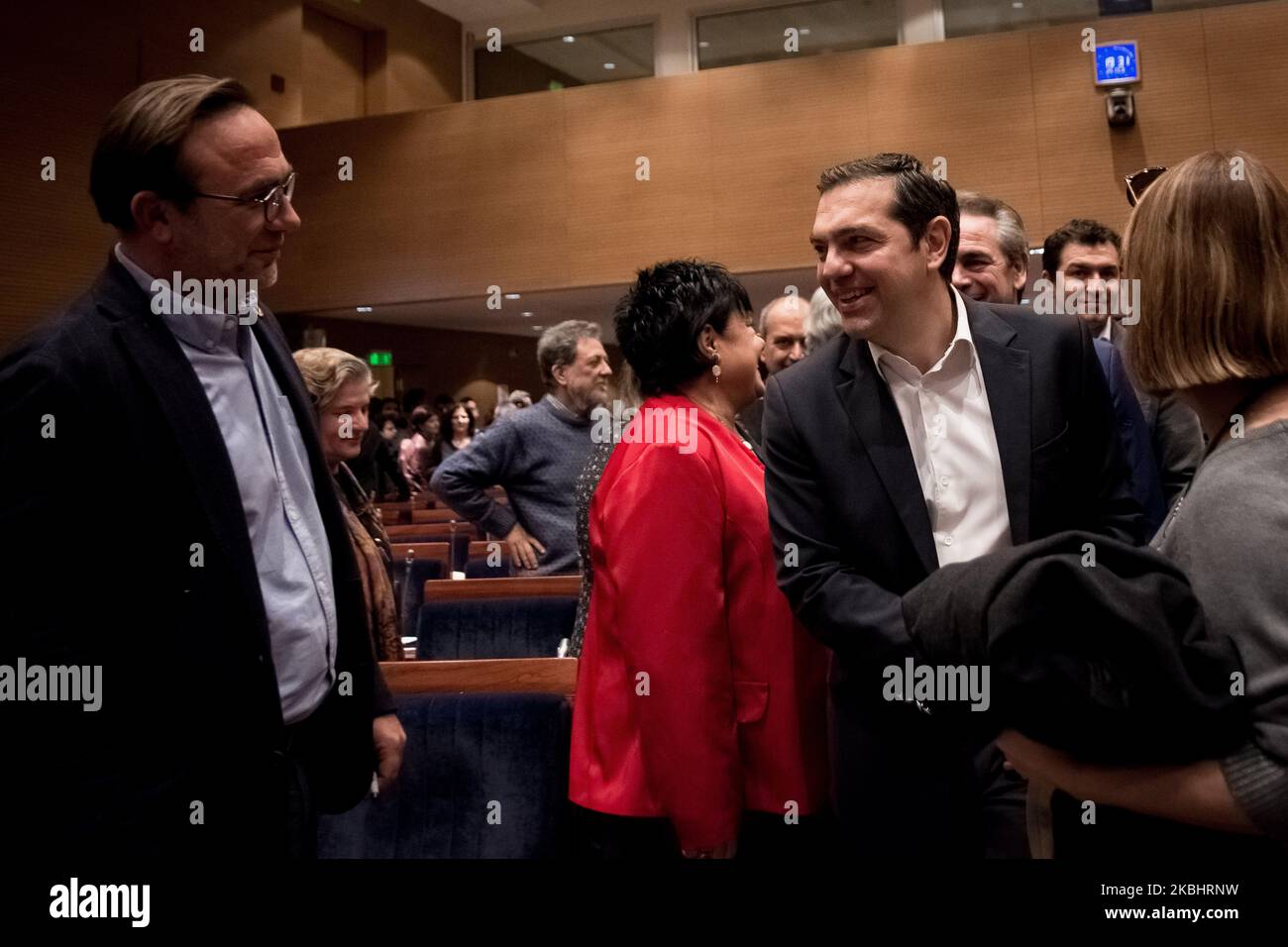 The president of SYRIZA, Alexis Tsipras gives a speech about governance and eco-development of Greek nature protected areas in Athens, Greece on February 24, 2020. (Photo by Nikolas Kokovlis/NurPhoto) Stock Photo