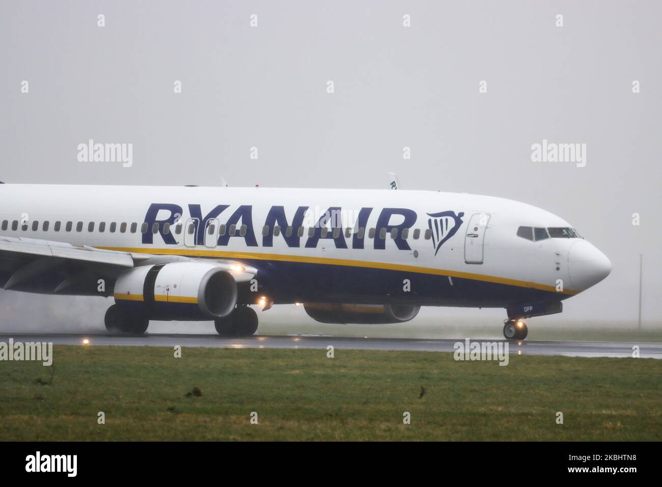 A Ryanair Boeing 737-800 or 737NG aircraft as seen landing at Polderbaan runway and taxiing during bad weather with a storm with rain, high wind velocity and haze at Amsterdam Schiphol AMS EHAM International Airport in the Netherlands on February 24, 2020. The airplane has the registration EI-DPP. Ryanair RYR FR is an Irish low cost - budget airline carrier one of the largest in Europe. (Photo by Nicolas Economou/NurPhoto) Stock Photo