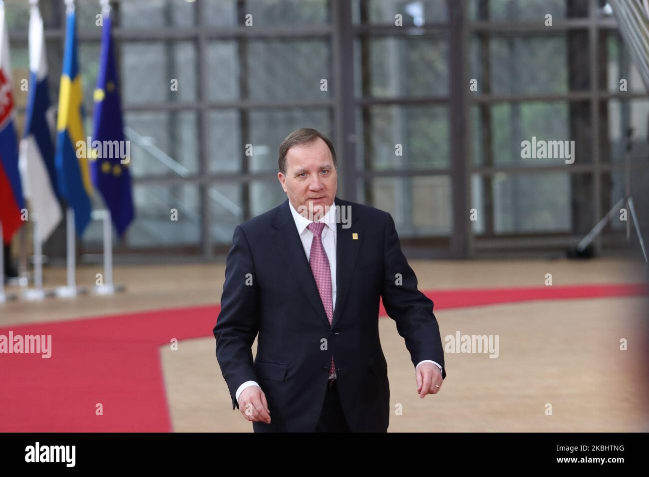 Kjell Stefan Löfven Prime Minister of Sweden as seen arriving at the European Council . Stefan Lofven the Swedish PM attends the EUCO, walking in Forum Europa building and talking to journalists, media and press representatives for the intense negotiations on the EU long term budget financial framework for 2021-2027 at a special European Council, EURO summit, EU leaders meeting in Brussels, Belgium. February 20, 2020 (Photo by Nicolas Economou/NurPhoto) Stock Photo