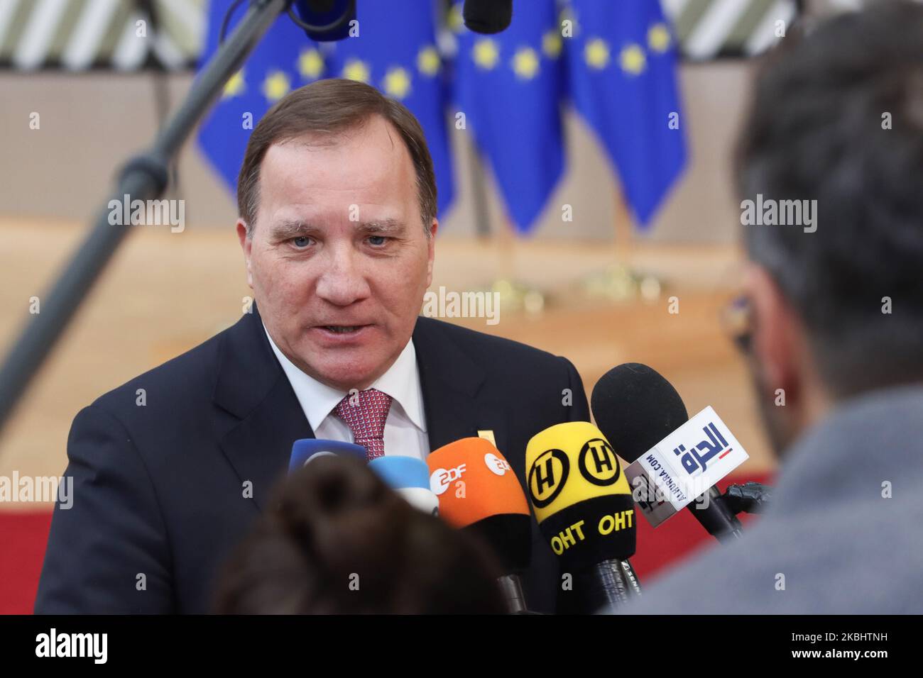 Kjell Stefan Löfven Prime Minister of Sweden as seen arriving at the European Council . Stefan Lofven the Swedish PM attends the EUCO, walking in Forum Europa building and talking to journalists, media and press representatives for the intense negotiations on the EU long term budget financial framework for 2021-2027 at a special European Council, EURO summit, EU leaders meeting in Brussels, Belgium. February 20, 2020 (Photo by Nicolas Economou/NurPhoto) Stock Photo
