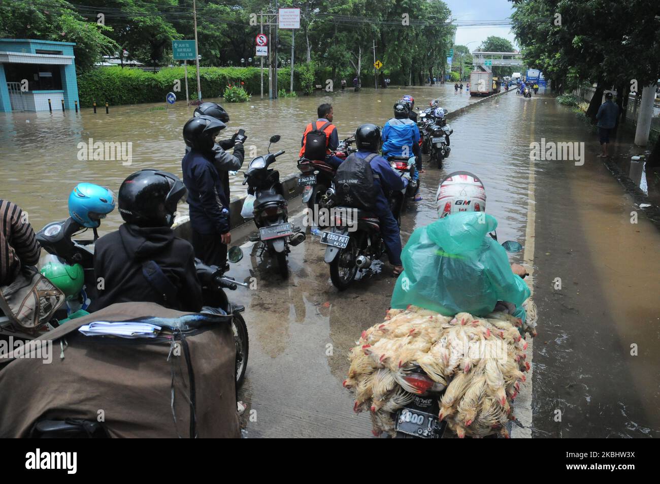 People push their motorbikes as they wade through flood waters after heavy rains hit Jakarta, Indonesia on February 25, 2020. (Photo by Dasril Roszandi/NurPhoto) Stock Photo