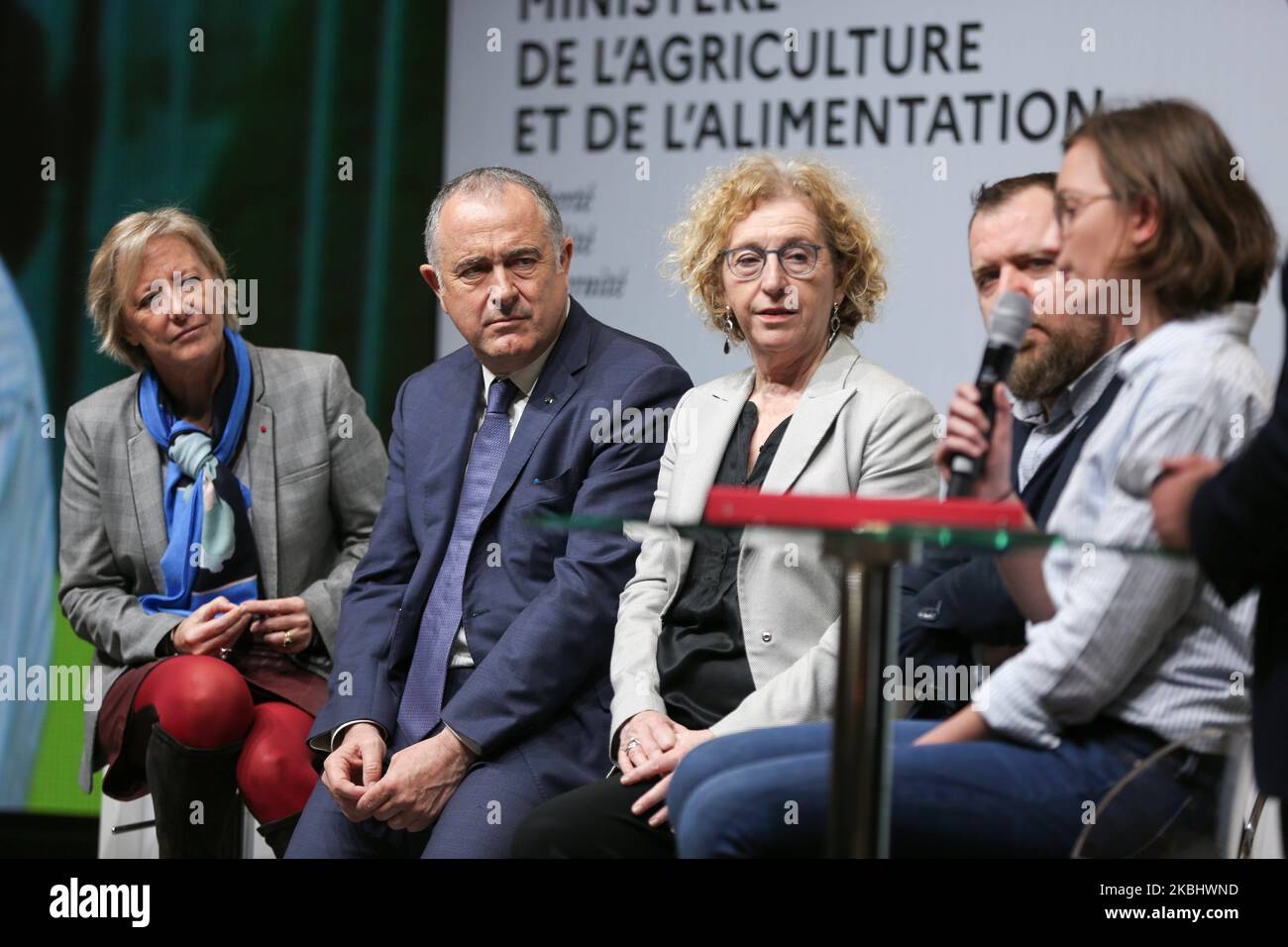 (L to R) French Junior Minister for Disability Issues Sophie Cluzel, Agriculture Minister Didier Guillaume and French Labour Minister Muriel Penicaud take part in a debate during the international Agriculture Fair in Paris on February 25, 2020. (Photo by Michel Stoupak/NurPhoto) Stock Photo