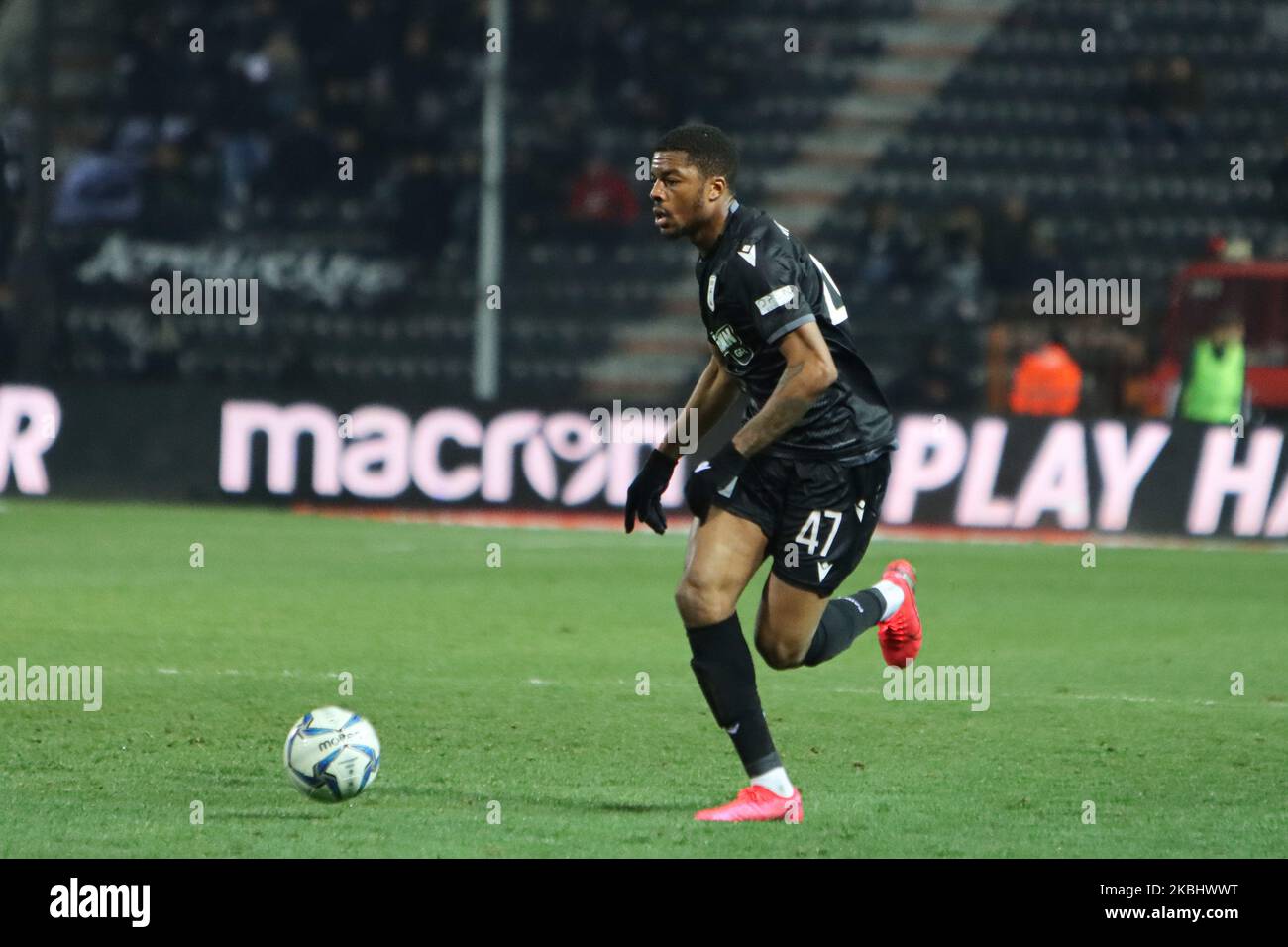 Chuba Amechi Akpom #47 striker of PAOK FC during PAOK Thessaloniki v OFI Crete FC with final score 4-0 for Super League 1 Greece at Toumba Stadium home of PAOK in Thessaloniki. Akpom scored the first and second (penalty) of PAOK. Chuba Akpom is an English professional footballer striker player with previous career in Arsenal and as a loan to Brentford, Coventry City, Nottingham Forest, Hull City, Brighton, Hove Albion and Sint-Truiden. He had also participations in the young national teams of England U16, U17, U18, U19, U20, U21. February 9, 2020 (Photo by Nicolas Economou/NurPhoto) Stock Photo