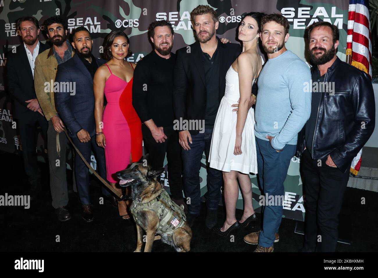 HOLLYWOOD, LOS ANGELES, CALIFORNIA, USA - FEBRUARY 25: Justin Melnick, Neil Brown Jr., Toni Trucks, AJ Buckley, David Boreanaz, Jessica Pare, Max Thieriot and Judd Lormand arrive at the Los Angeles Premiere Of CBS Television Studios' 'SEAL Team' held at ArcLight Cinemas Hollywood on February 25, 2020 in Hollywood, Los Angeles, California, United States. (Photo by Xavier Collin/Image Press Agency/NurPhoto) Stock Photo