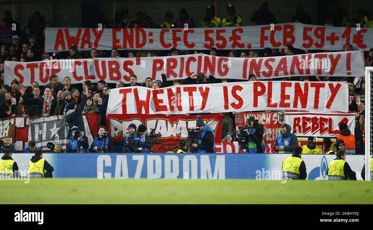Bayern Munich banner showing Ticket Prices during Champion League Round 16 1st Leg between Chelsea and Bayern Munich at Stamford Bridge Stadium , London, England on 25 February 2020 (Photo by Action Foto Sport/NurPhoto) Stock Photo