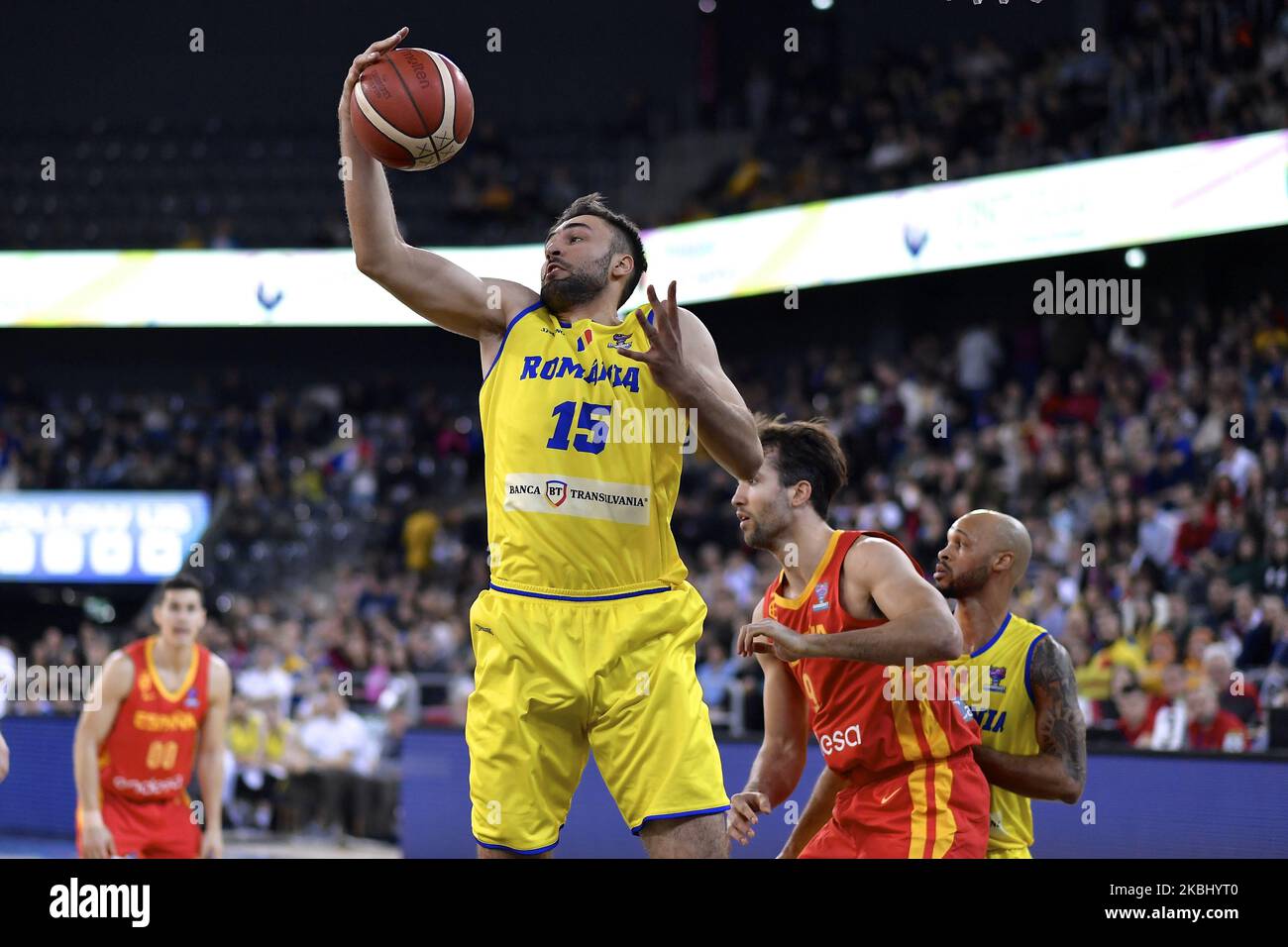 Emanuel Cate of Romania in action against Nacho Llovet of Spain during the FIBA EuroBasket Qualifiers Group Phase Group A match between Romania and Spain, in Cluj Napoca, Romania, on February 20, 2020. (Photo by Alex Nicodim/NurPhoto) Stock Photo