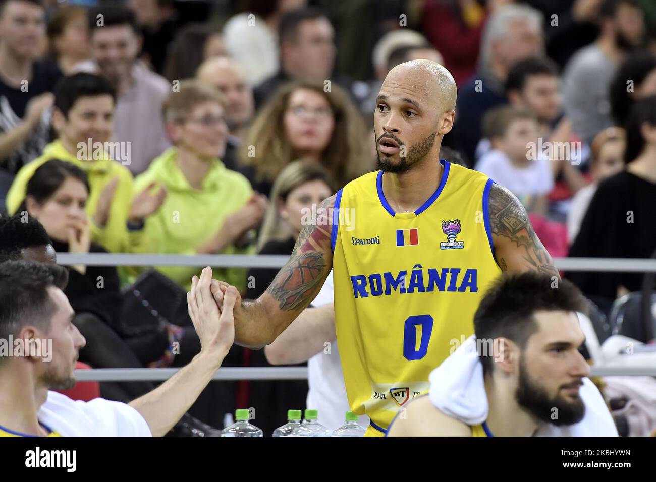 Kristopher Richard of Romania reacts during the match during the FIBA EuroBasket Qualifiers Group Phase Group A match between Romania and Spain, in Cluj Napoca, Romania, on February 20, 2020. (Photo by Alex Nicodim/NurPhoto) Stock Photo