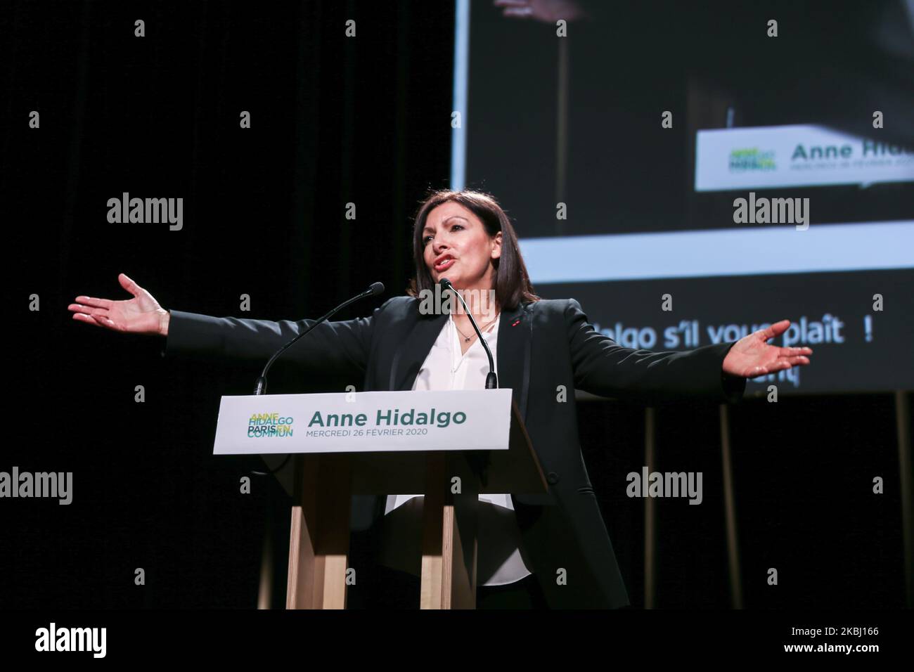 Paris Mayor and candidate for re-election Anne Hidalgo gestures as she delivers a speech during a campaign meeting at the Elysee Montmartre venue in Paris, on February 26, 2020, ahead of March 2020 mayoral elections in France. (Photo by Michel Stoupak/NurPhoto) Stock Photo