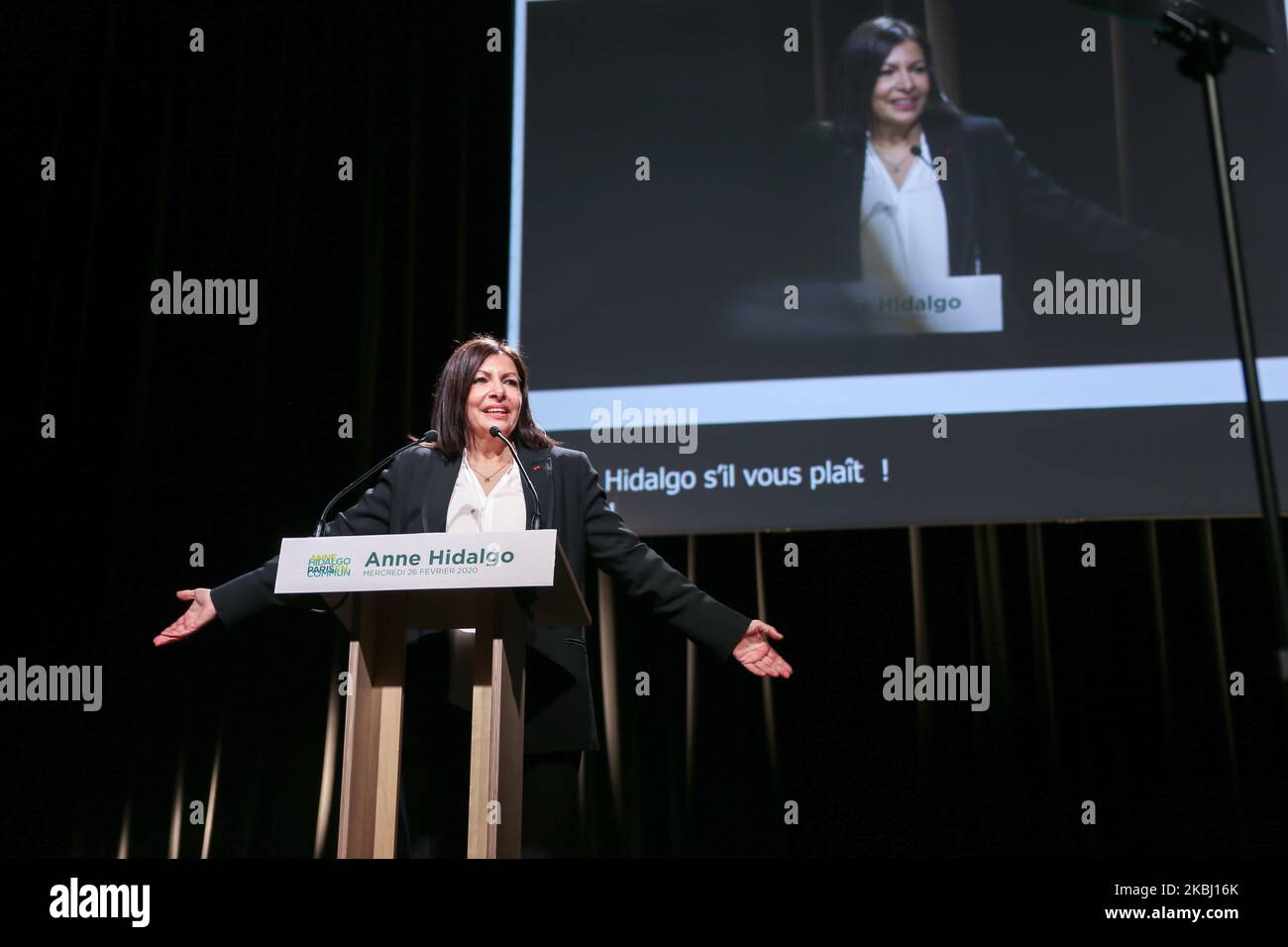 Paris Mayor and candidate for re-election Anne Hidalgo gestures as she delivers a speech during a campaign meeting at the Elysee Montmartre venue in Paris, on February 26, 2020, ahead of March 2020 mayoral elections in France. (Photo by Michel Stoupak/NurPhoto) Stock Photo