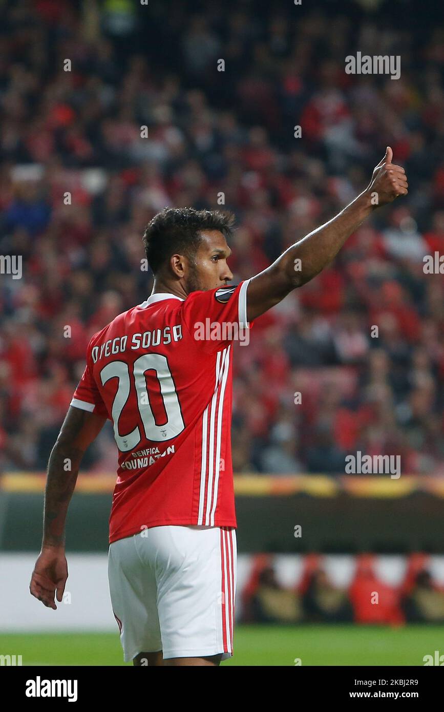 SL Benfica Forward Dyego Sousa reacts during the UEFA Europa League round of 32 2nd leg football match between SL Benfica and FC Shakhtar Donetsk at the Estadio da Luz in Lisbon on February 27, 2020. (Photo by Valter Gouveia/NurPhoto) Stock Photo