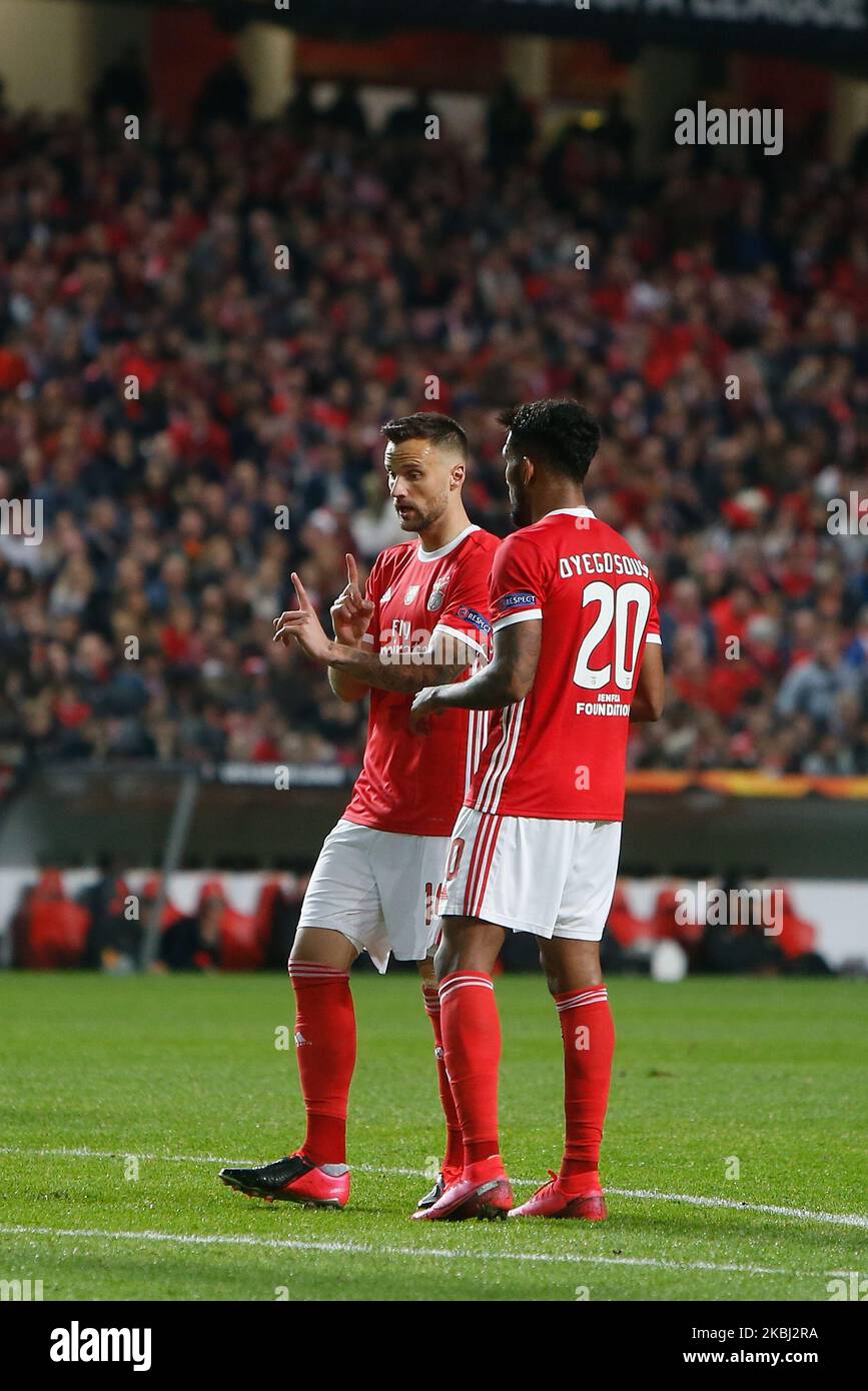Haris Seferovic and Dyego Sousa during the UEFA Europa League round of 32 2nd leg football match between SL Benfica and FC Shakhtar Donetsk at the Estadio da Luz in Lisbon on February 27, 2020. (Photo by Valter Gouveia/NurPhoto) Stock Photo