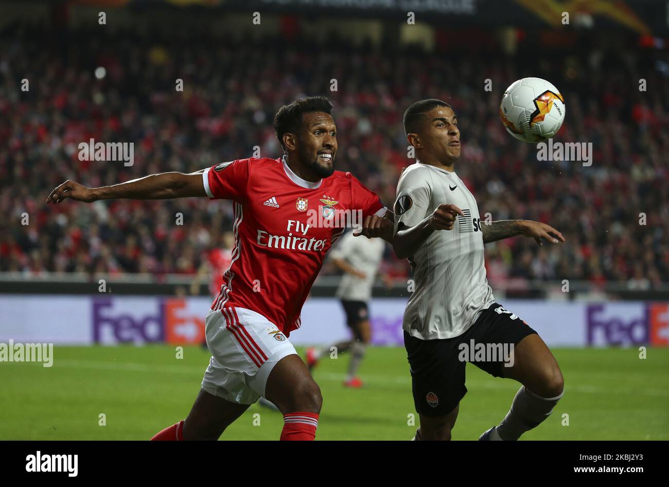 Dyego Sousa of SL Benfica(L) vies Dodo of Shakhtar Donetsk(R)1 during the UEFA Europa League Round of 32 -Second Leg match between SL Benfica and Shakhtar Donetsk at Estadio da Luz on February 27, 2020 in Lisbon, Portugal. (Photo by Paulo Nascimento/NurPhoto) Stock Photo