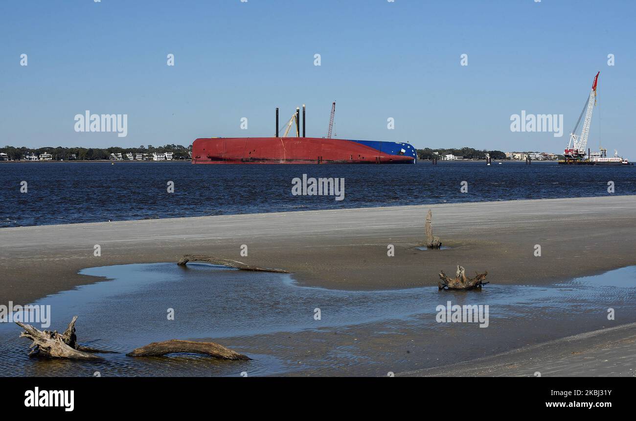 The Golden Ray cargo ship is seen on February 27, 2020 from the beach