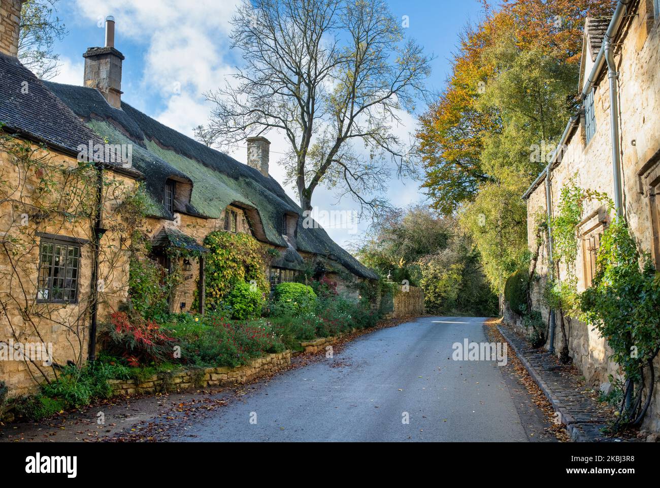 Thatched cotswold stone cottage in autumn. Broad Campden, Cotswolds, Gloucestershire, England Stock Photo