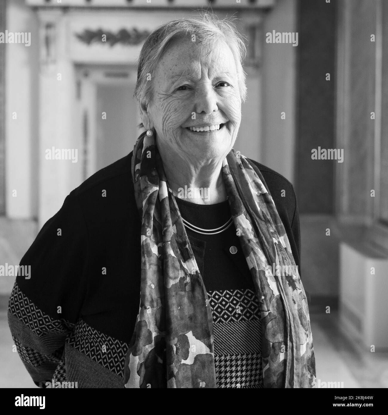 (EDITOR'S NOTE: Image has been converted to black and white) Actress Maria Galiana poses for a portrait session in Madrid on February 28, 2020 in Madrid, Spain. (Photo by Oscar Gonzalez/NurPhoto) Stock Photo