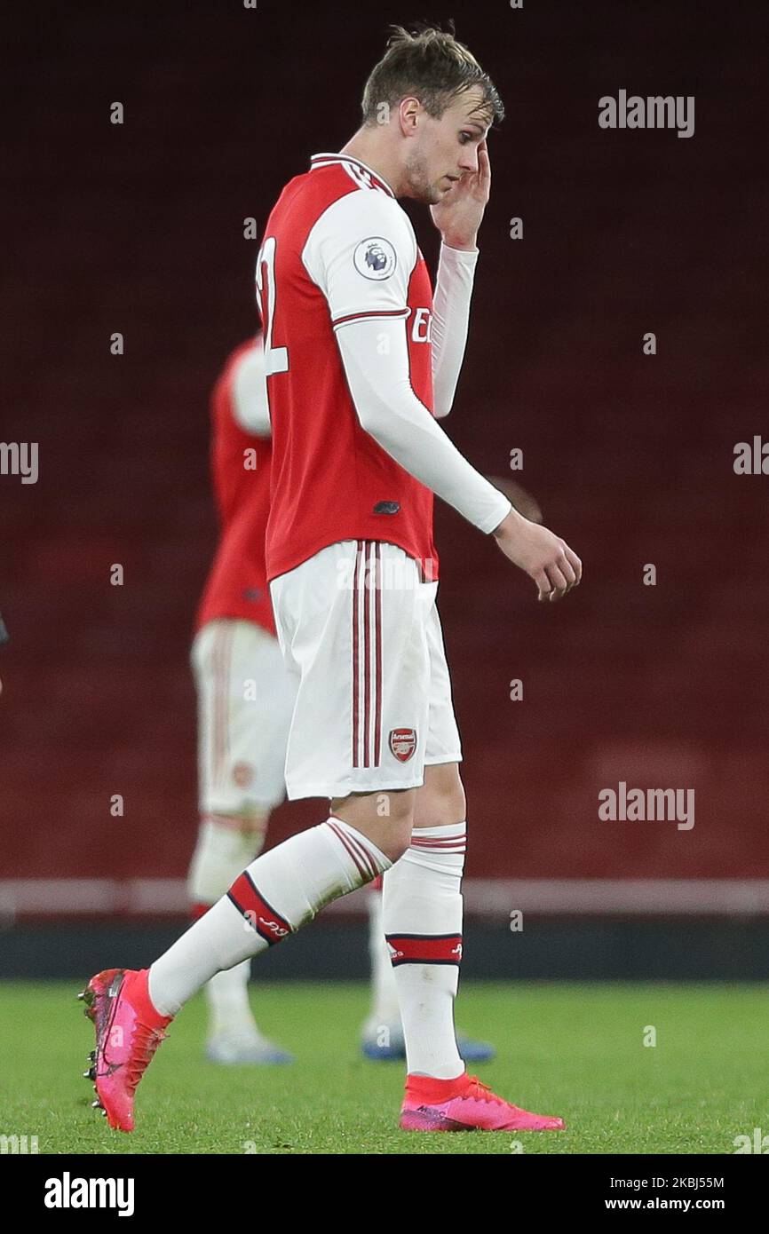 Rob Holding of Arsenal u23 reacts during the Premier League 2 match between Arsenal Under 23 and Manchester City Under 23 at the Emirates Stadium, London on Saturday 29th February 2020. (Photo by Jacques Feeney/MINews/NurPhoto) Stock Photo