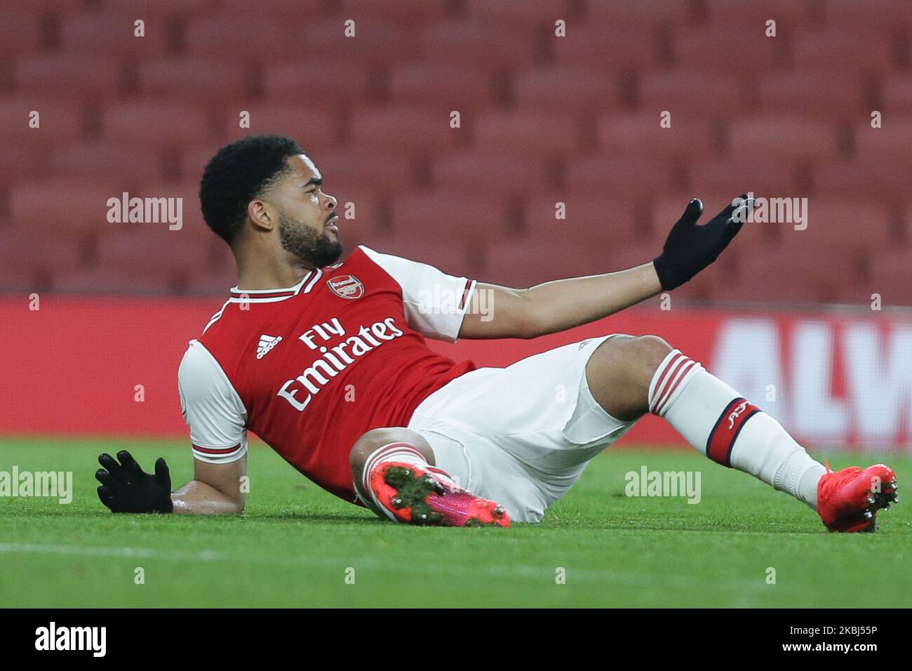 Trae Coyle of Arsenal u23 reacts during the Premier League 2 match between Arsenal Under 23 and Manchester City Under 23 at the Emirates Stadium, London on Saturday 29th February 2020. (Photo by Jacques Feeney/MINews/NurPhoto) Stock Photo
