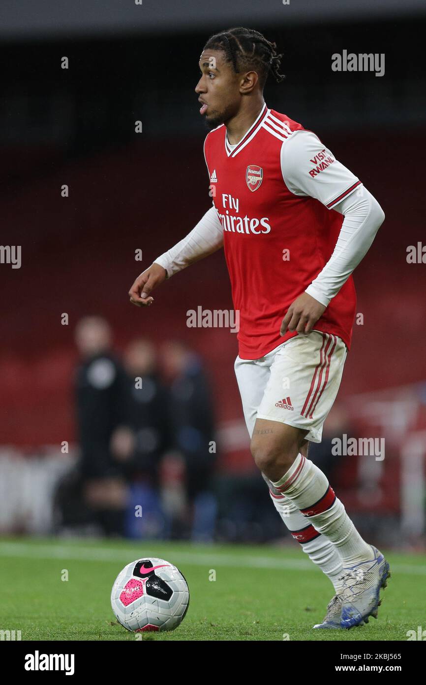 Reiss Nelson of Arsenal u23 in action during the Premier League 2 match between Arsenal Under 23 and Manchester City Under 23 at the Emirates Stadium, London on Saturday 29th February 2020. (Photo by Jacques Feeney/MINews/NurPhoto) Stock Photo