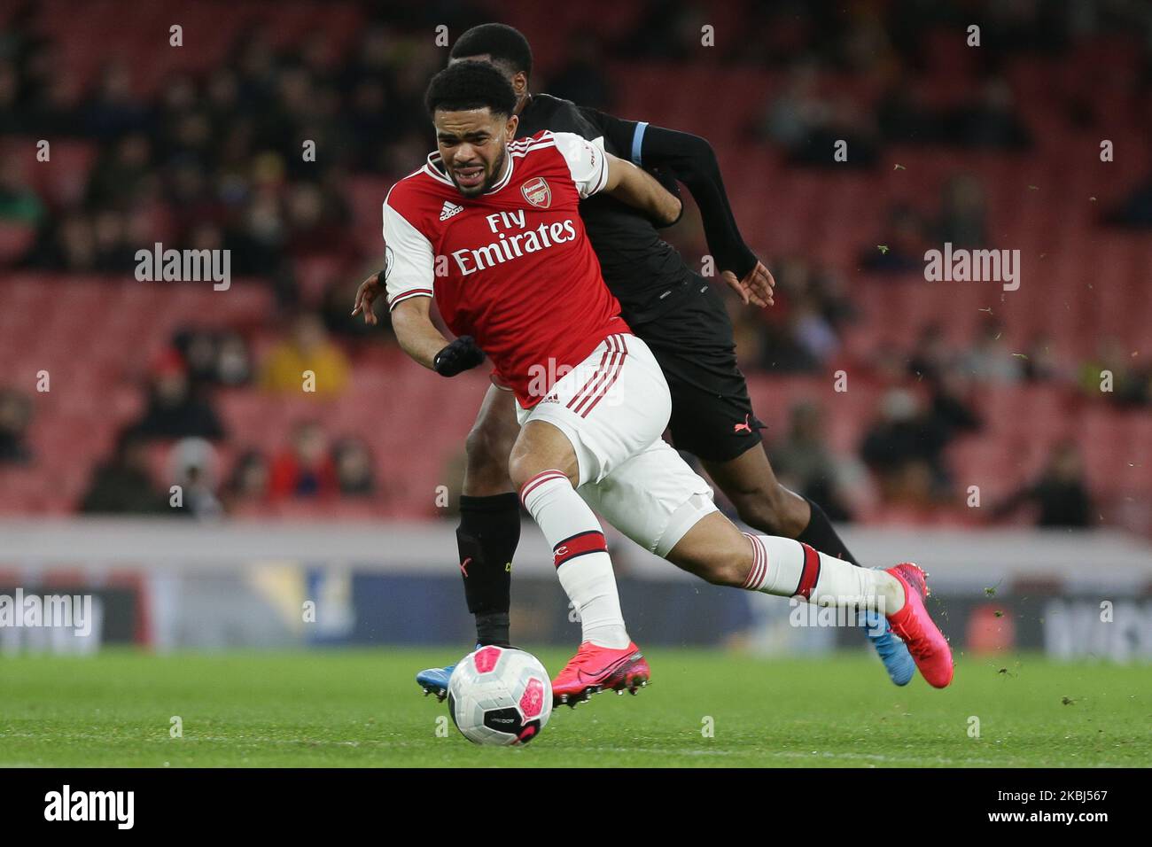 Trae Coyle of Arsenal u23 in action during the Premier League 2 match between Arsenal Under 23 and Manchester City Under 23 at the Emirates Stadium, London on Saturday 29th February 2020. (Photo by Jacques Feeney/MINews/NurPhoto) Stock Photo